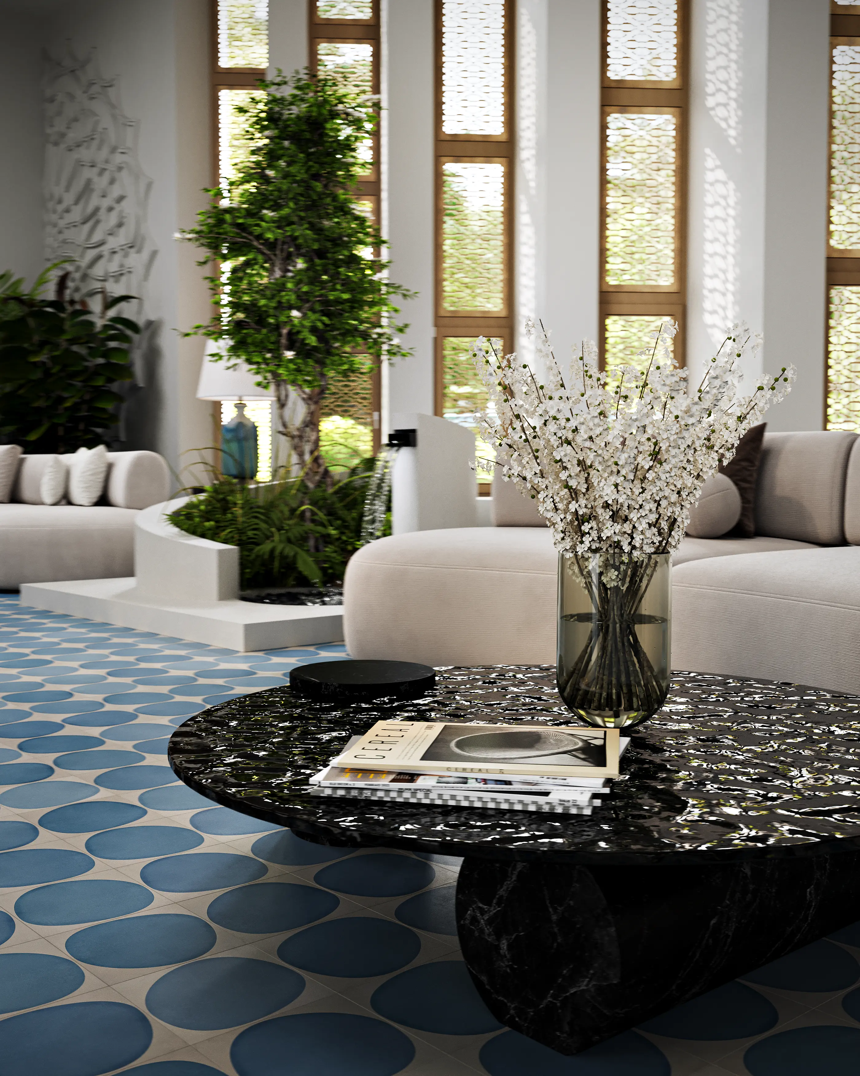 View of a sofa with a coffee table.