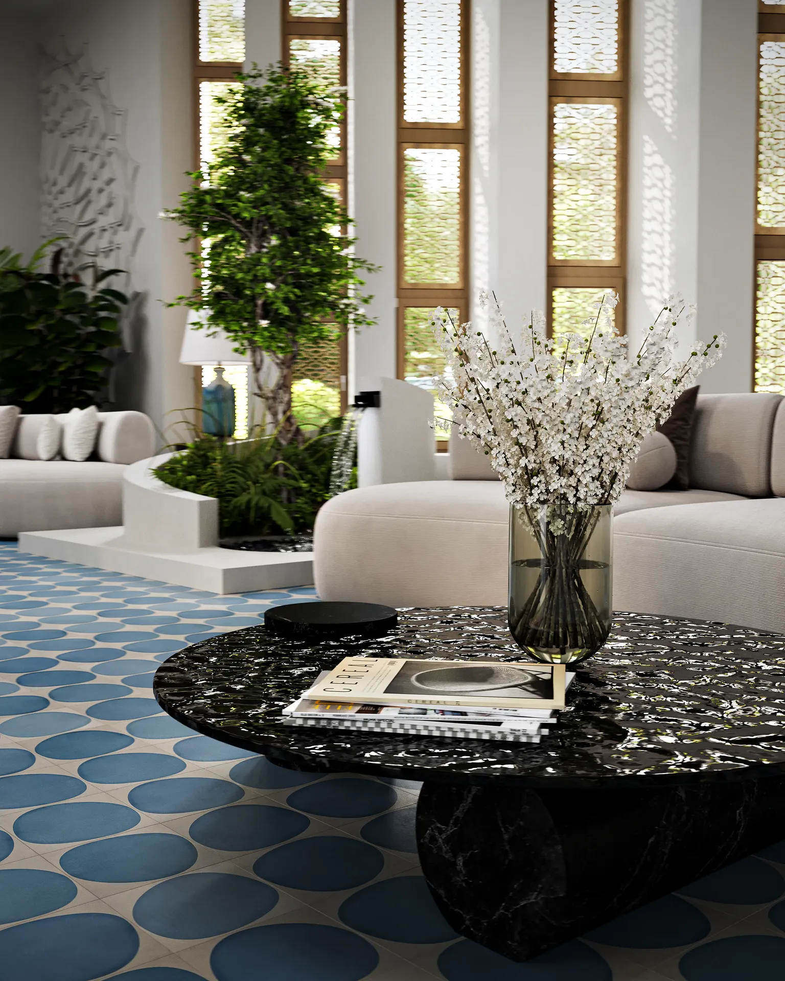 View of a sofa with a coffee table.