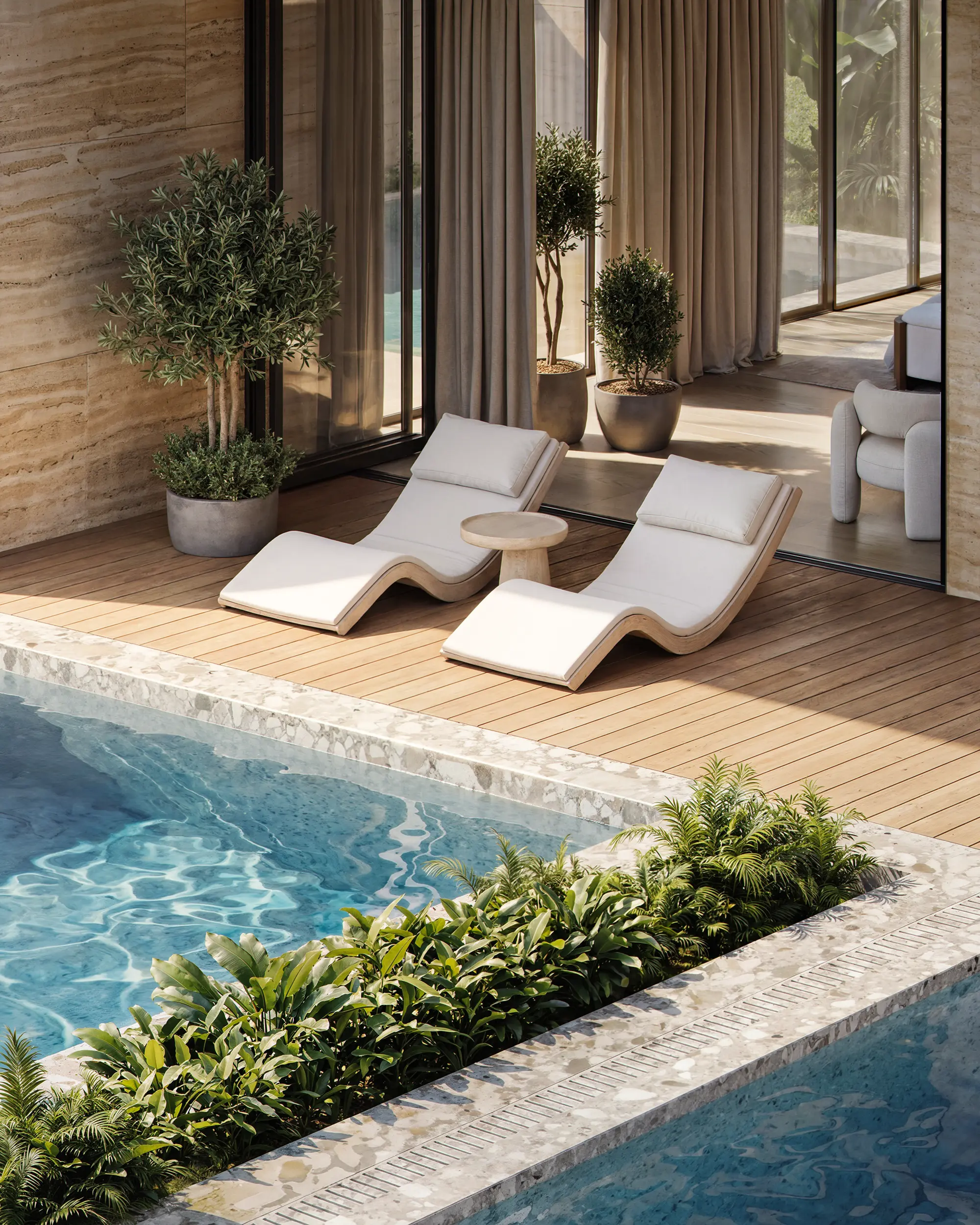 Luxury exterior 3D rendering of a modern pool deck with white lounge chairs and wood flooring