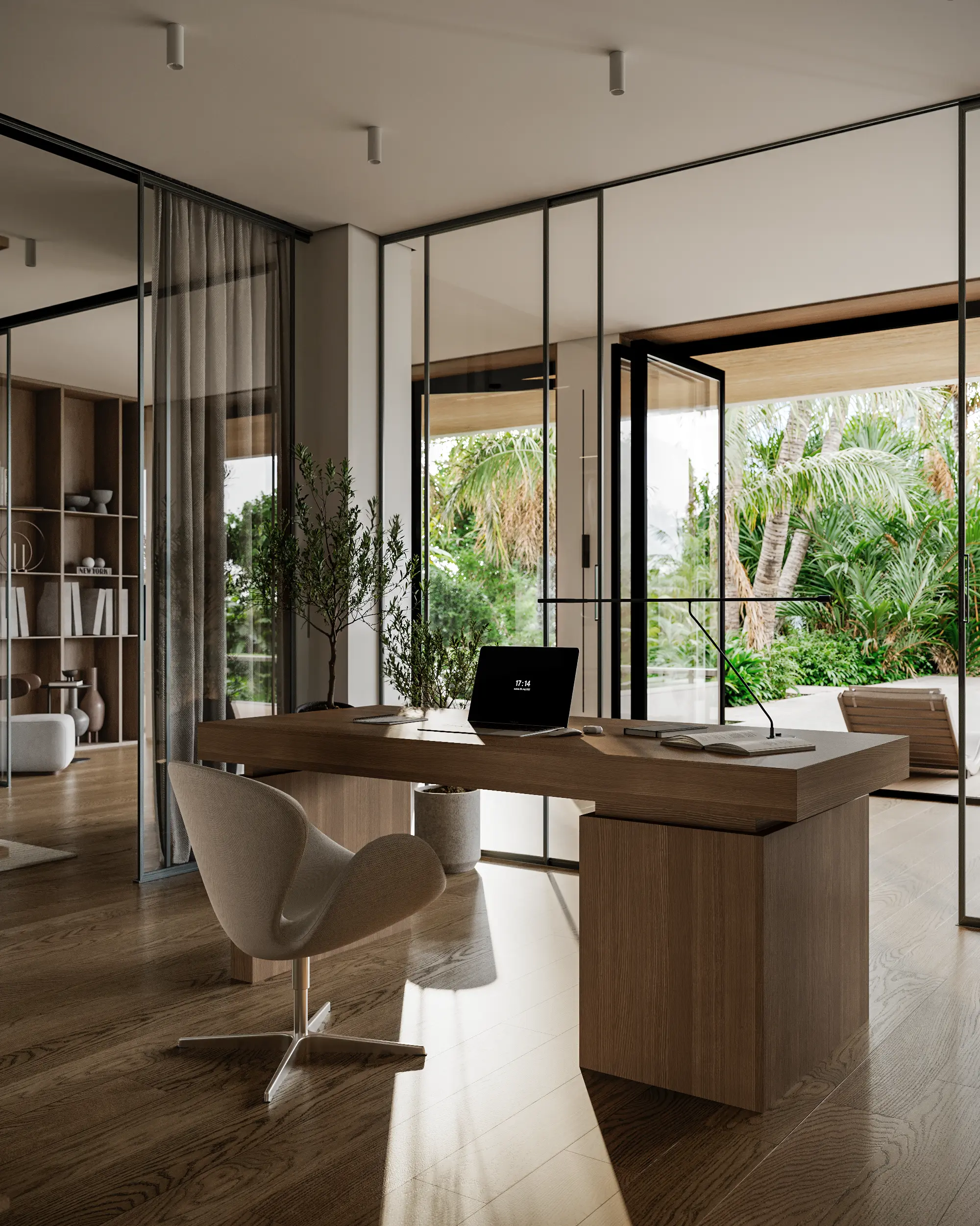 3D rendering of a modern home office with a wood desk and glass doors opening to a tropical garden.