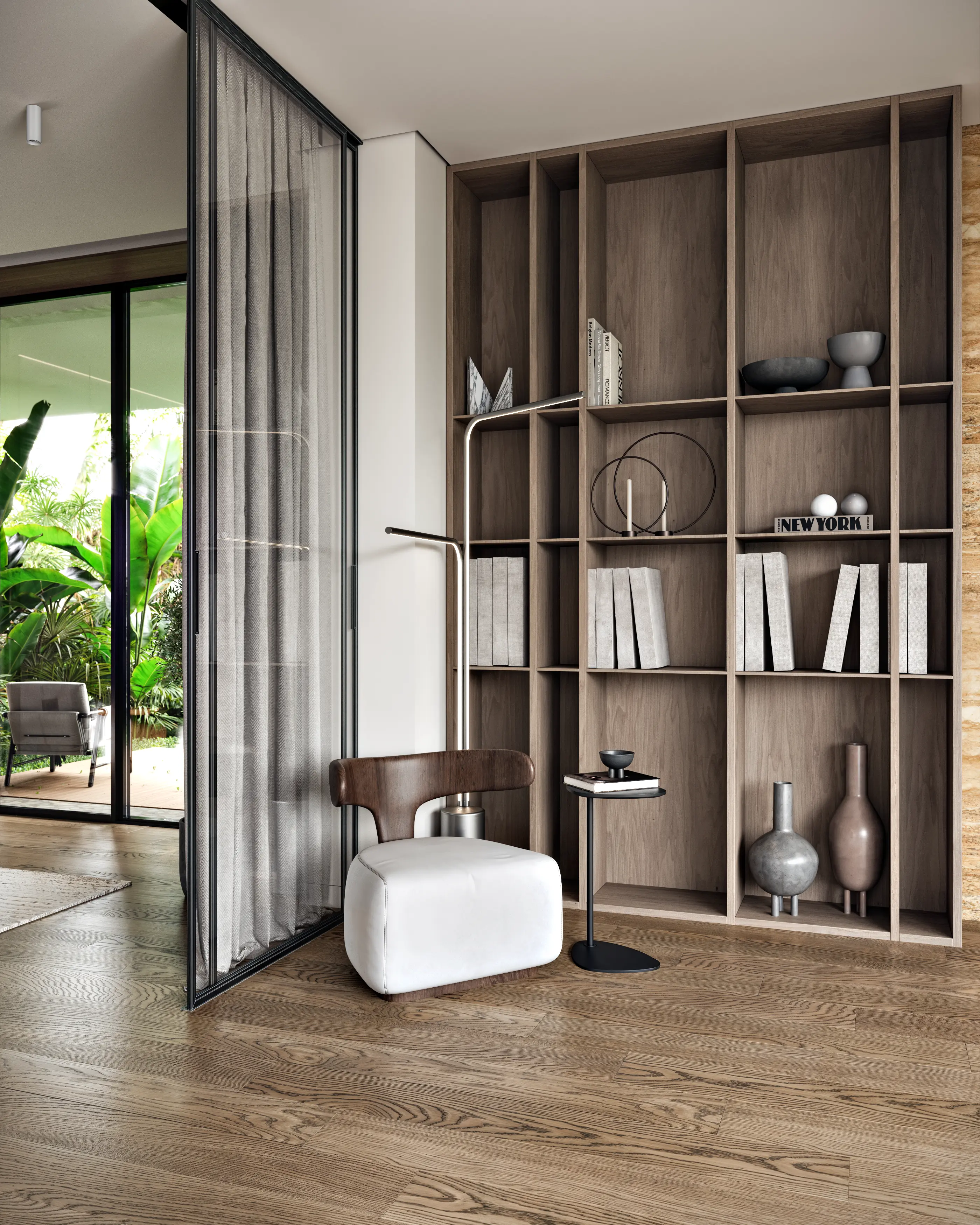 3D rendering of a modern interior reading nook with a built-in wooden bookcase and glass sliding doors.