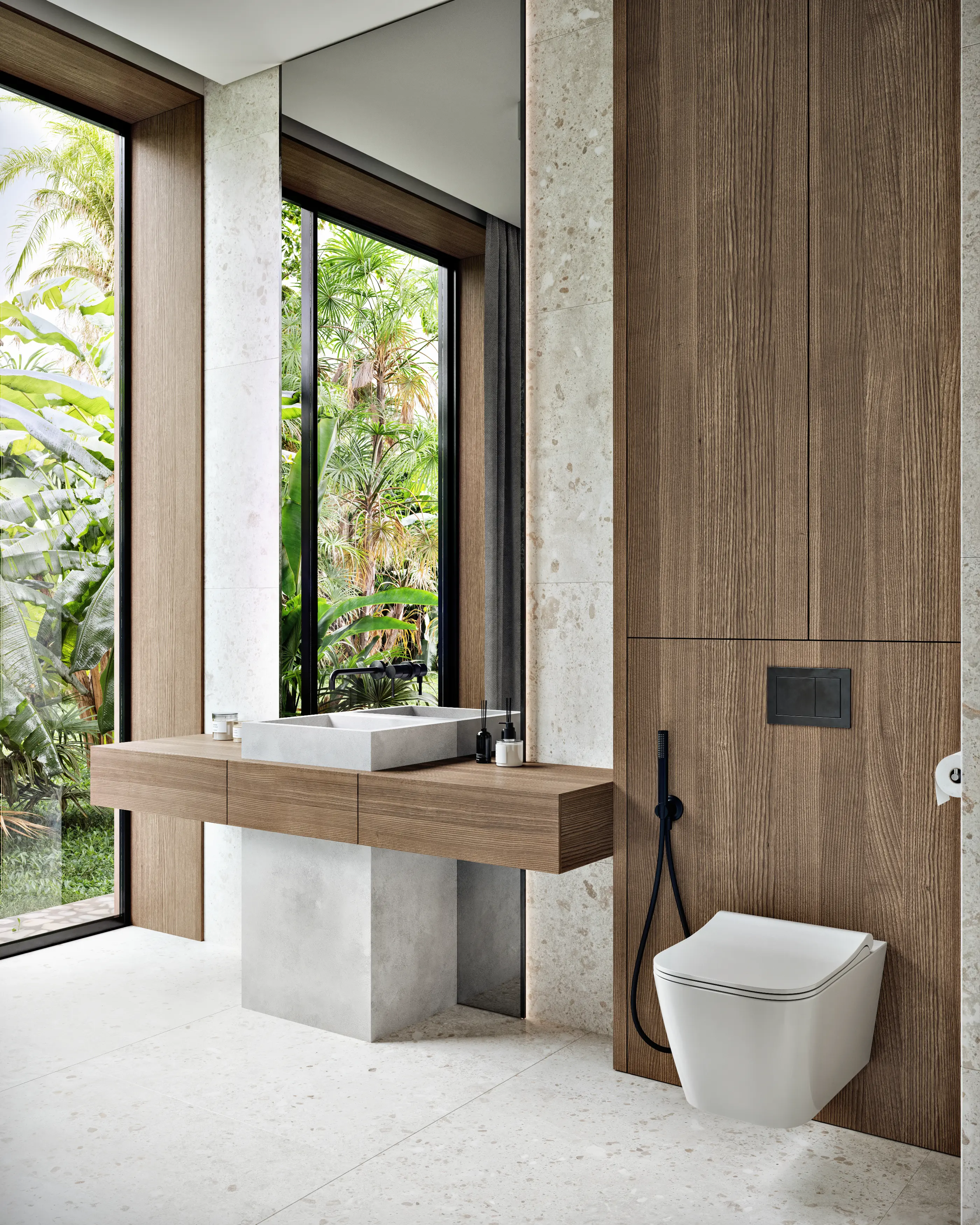 Modern guest bathroom 3D render with wood vanity and tropical garden view.