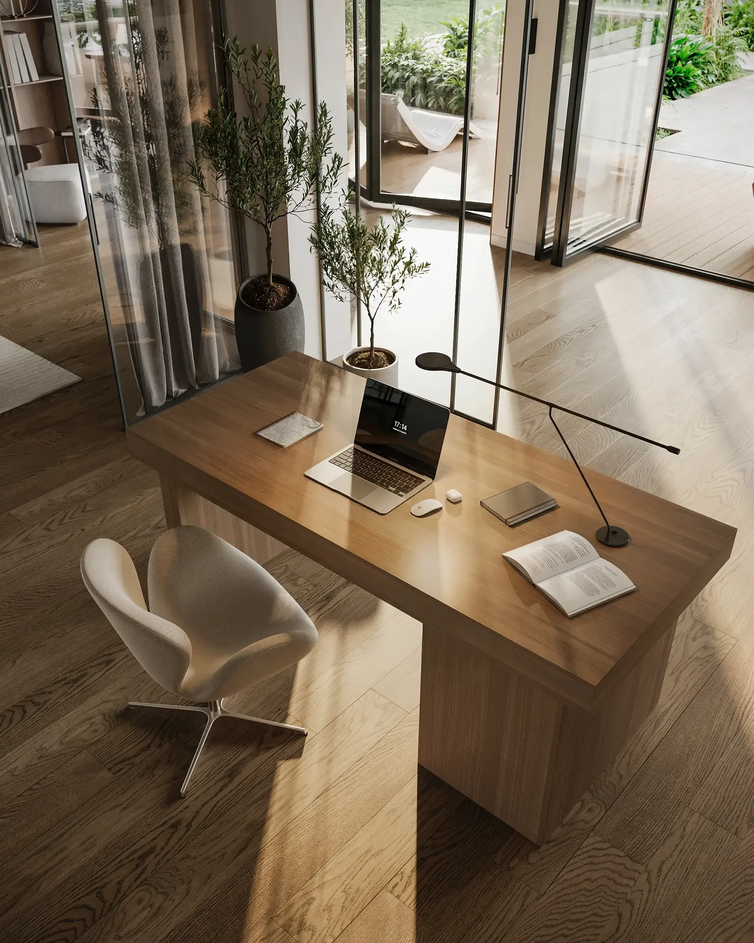 3D rendering of a modern home office with a wood desk and glass doors opening to a tropical garden.