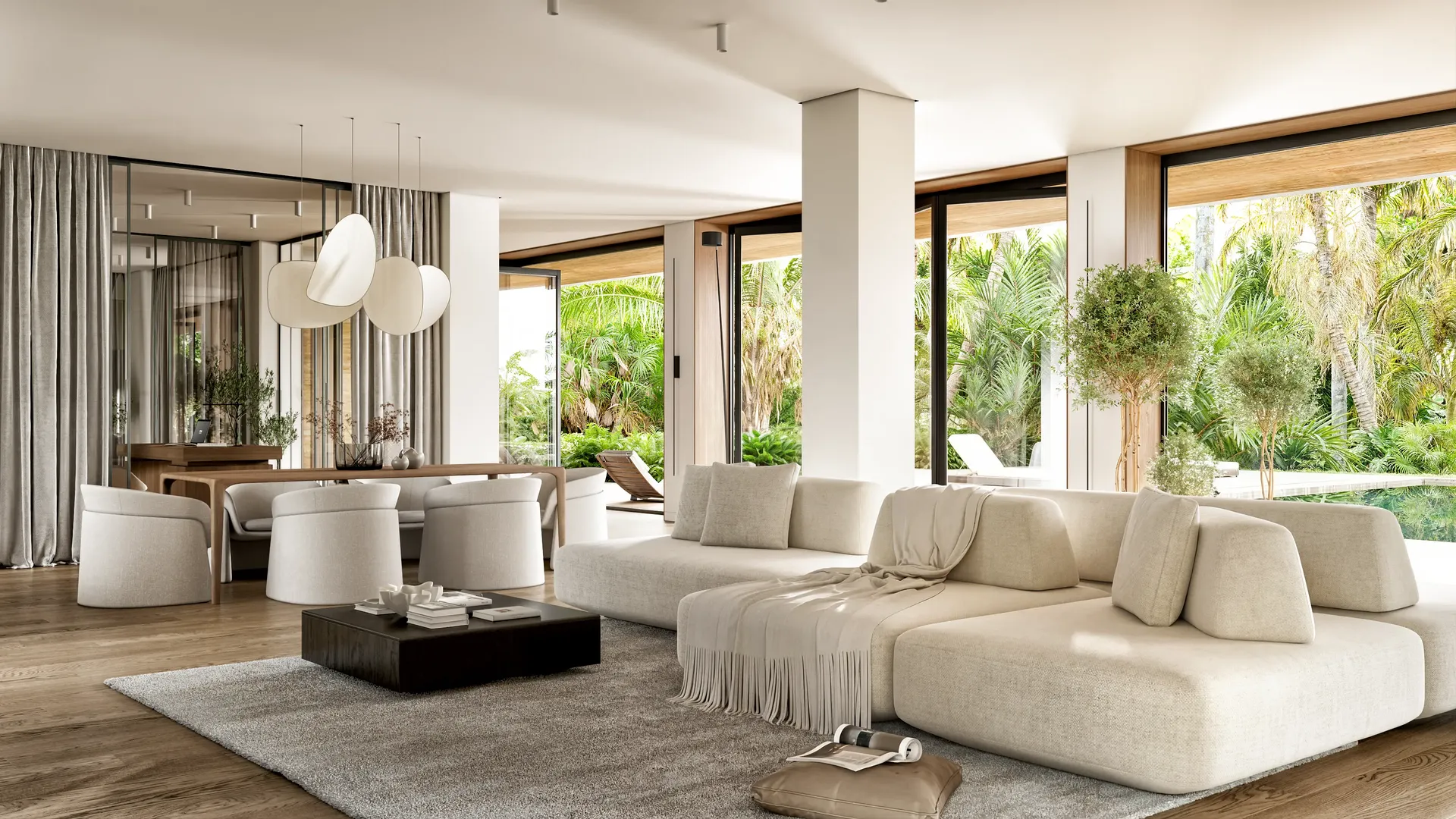 Living zone featuring a dining table, double-sided sofa, and coffee table.