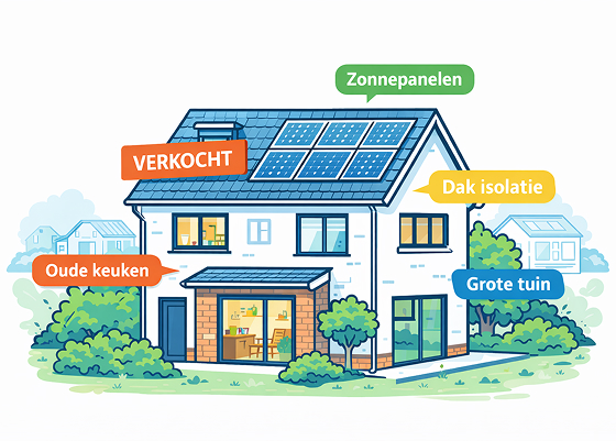 Een huis waarop aangeduid staat wat de staat van de badkamer, dak enzovoort is