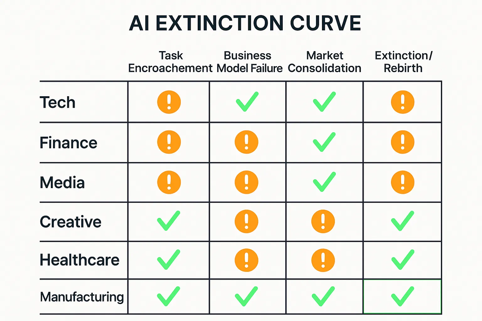 Benchmark your sector's AI vulnerability with this Industry Vulnerability Index, comparing risk levels across key extinction stages to prioritize strategic focus and resource allocation.