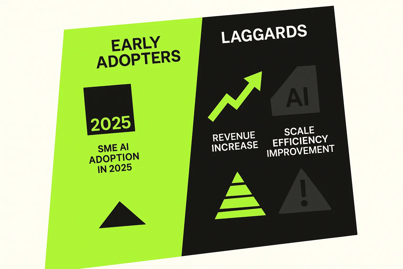 A stark visual comparison illustrating the widening performance gap between SMEs adopting AI and those delaying action, highlighting urgent competitive risks.