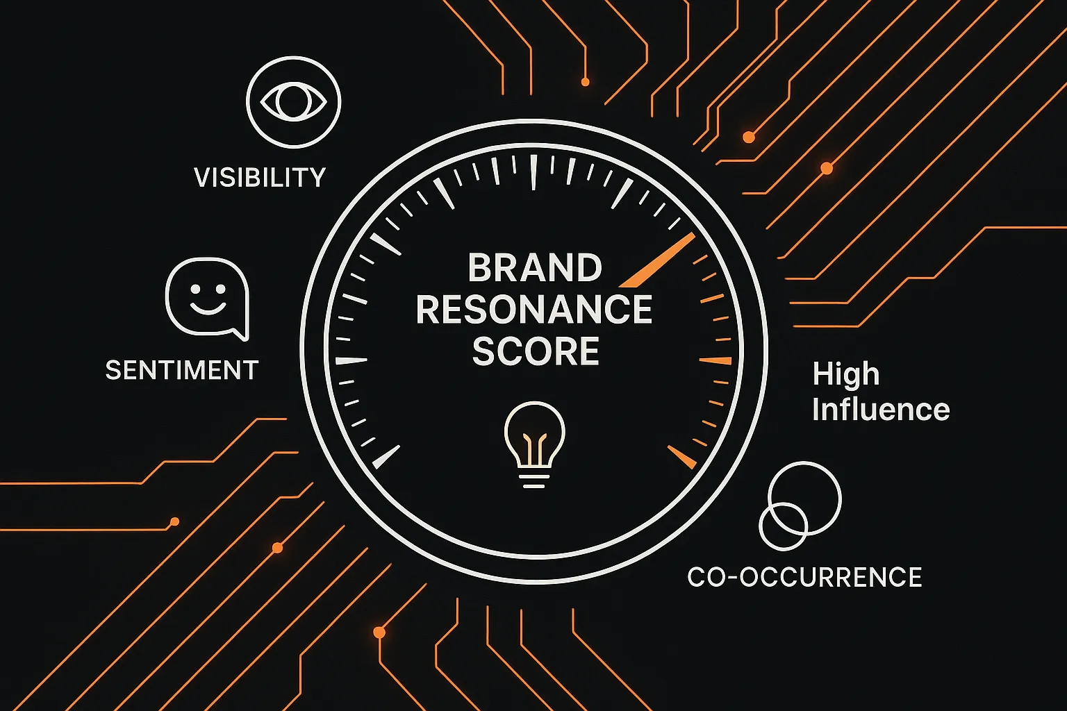 A circular graphic symbolizing the Brand Resonance Score, with inputs from the key metrics: Visibility, Share of Voice, Sentiment, Trust, and Consistency.