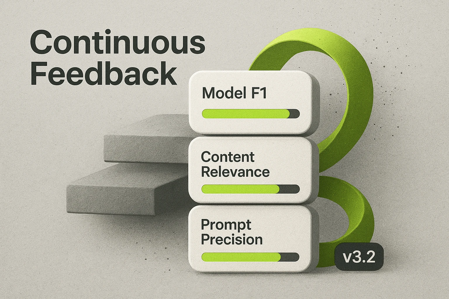 A textured, dimensional visualization of the continuous feedback loop—metric cards and neon progress bars show how performance data drives ongoing model and prompt refinement.