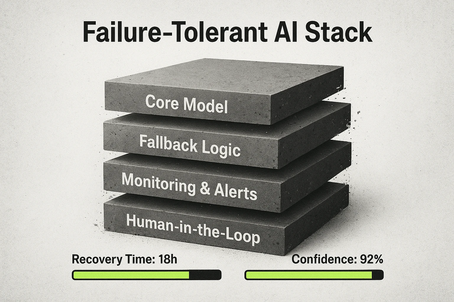 A diagram showing a layered failure-tolerant AI architecture with levels for AI Core, Fallback Logic, Monitoring, and Human Oversight, alongside key metrics for Recovery Time and Confidence Level.