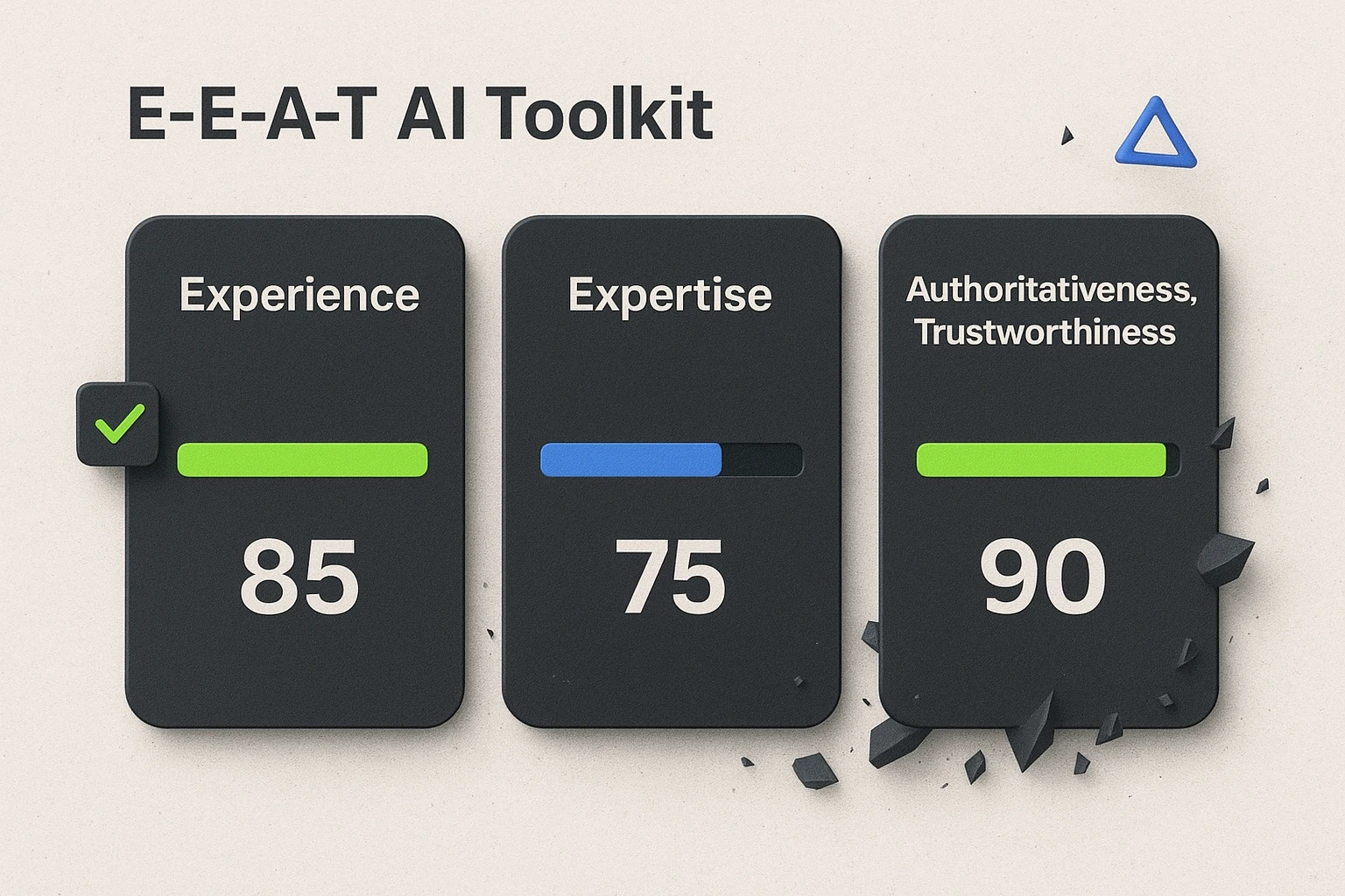 A diagram shows a human-led AI workflow. It starts with 'Verifiable Experience' (project data, client feedback), moves to a human who 'Structures & Validates' it, then uses 'AI Augmentation' (transcription, summarization) before a final 'Human Verification' layer, resulting in 'Credible E-E-A-T Content'.