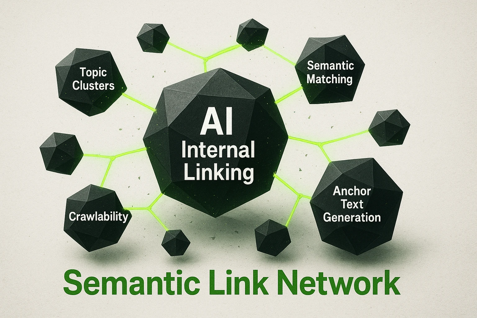 Illustrates how AI identifies and connects semantically related content within topic clusters forming a dynamic internal linking network.