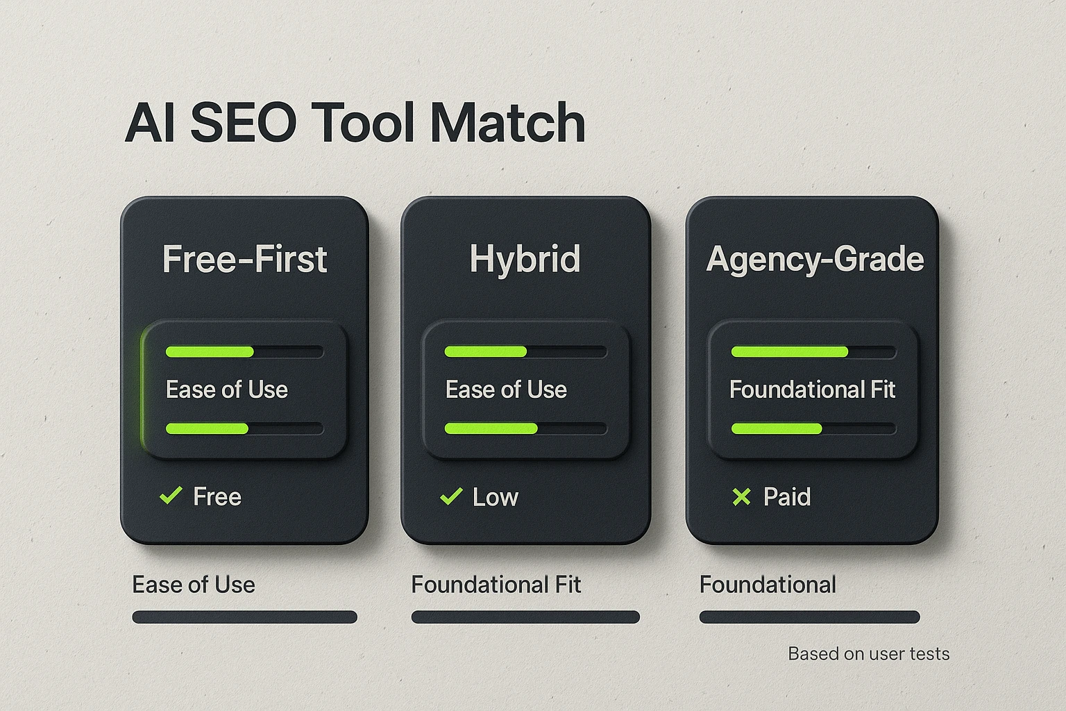 Compare free and low-cost AI SEO tool categories with clear 'ease' and 'foundational fit' bars to pick the best starting option for SMBs.