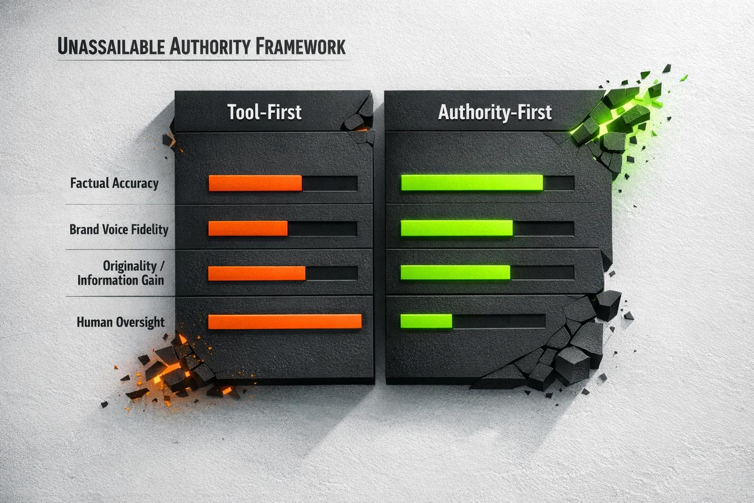 A stark side-by-side comparison that highlights why authority-first workflows outperform tool-first approaches on accuracy, originality, and brand fidelity.