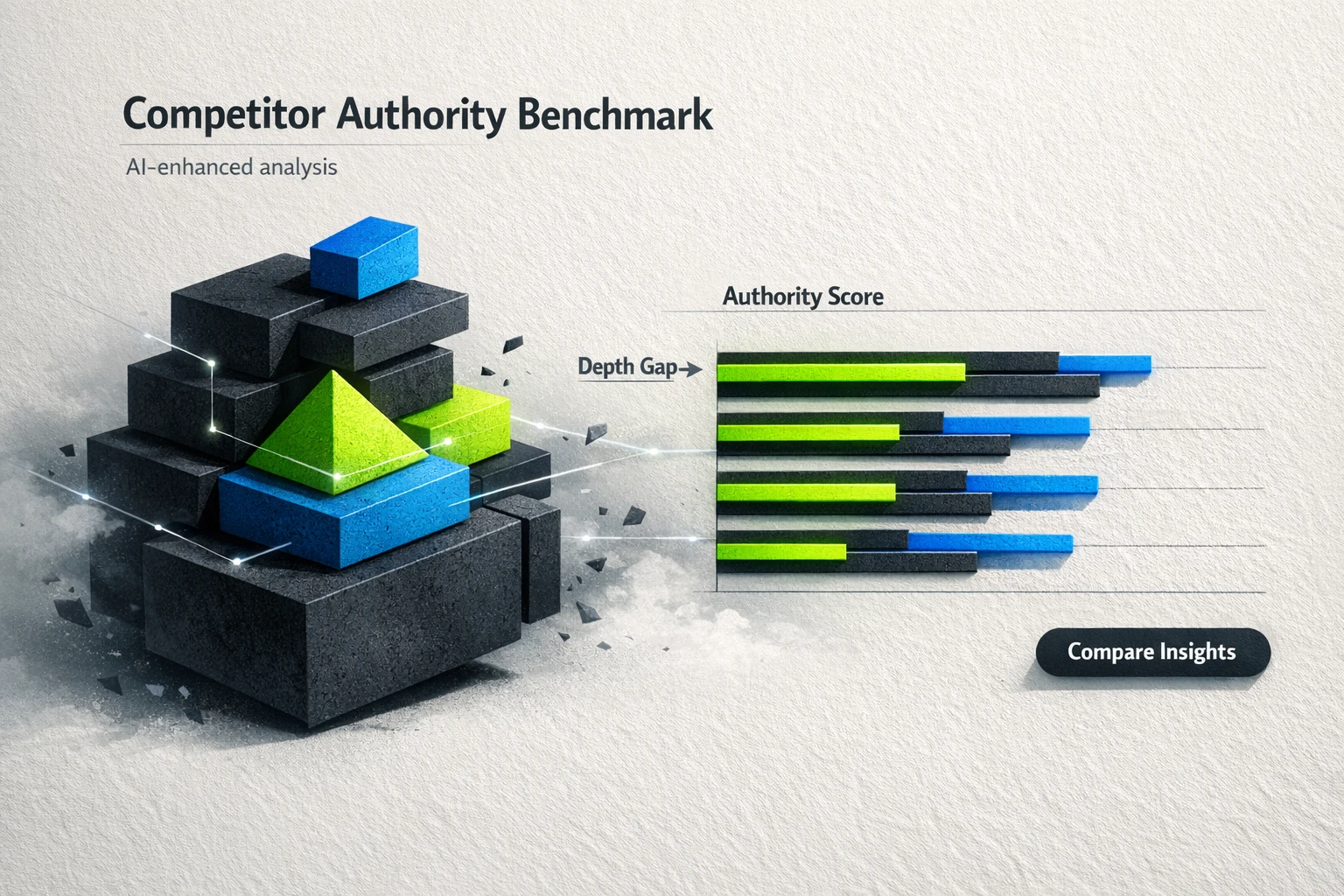 Visual gap analysis that compares competitor topical authority and highlights AI-informed opportunity areas using bold bars and layered clusters.
