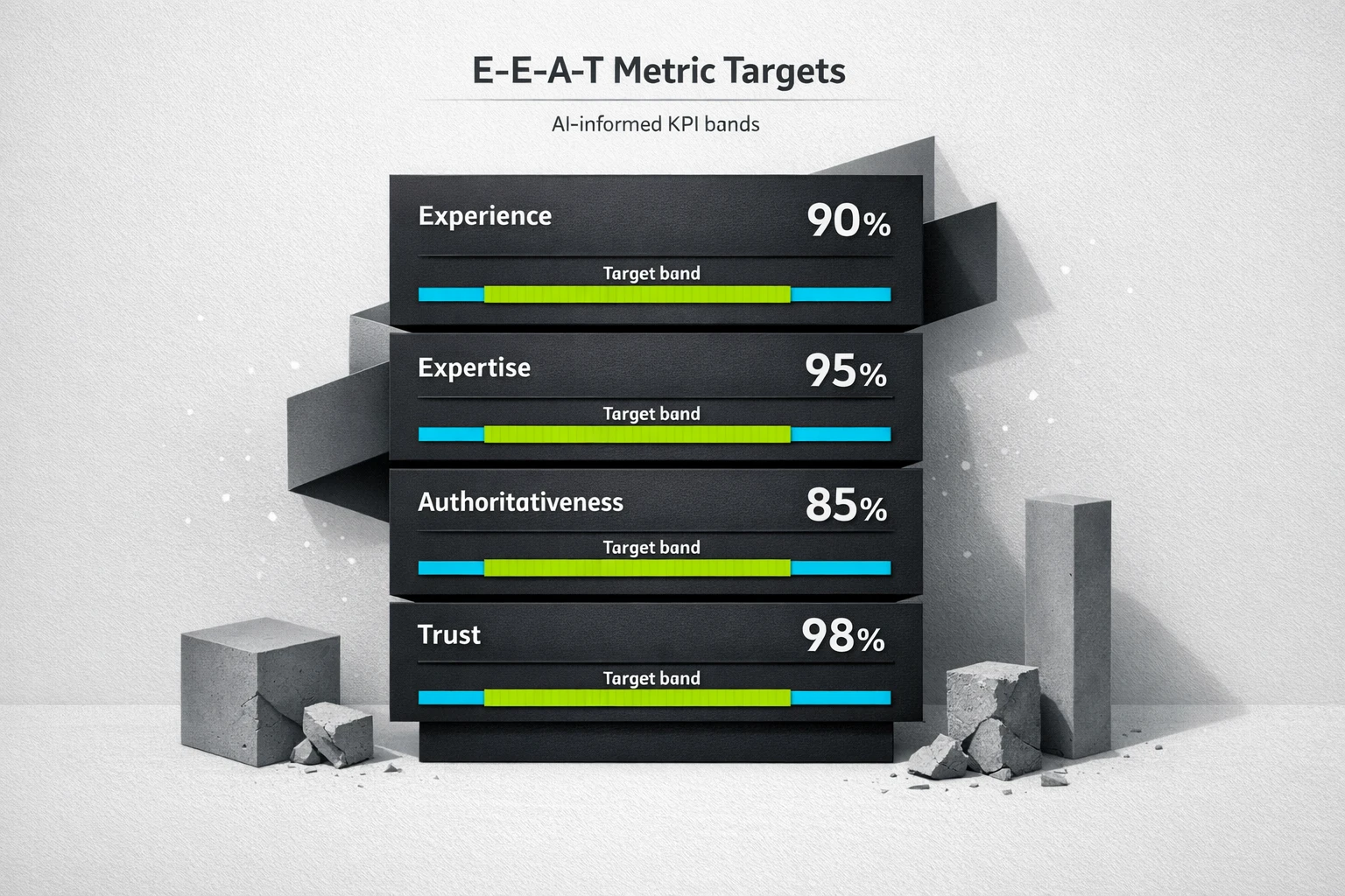 A focused metric dashboard that quantifies E-E-A-T components with clear target bands, enabling objective trust-building decisions for AI content.