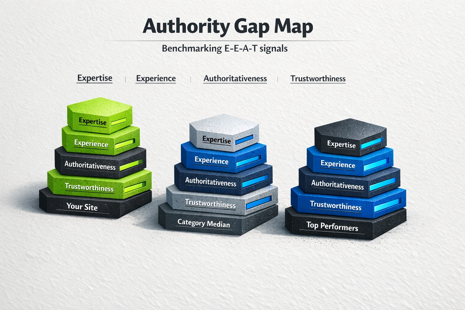 A textured, 3D benchmark map that highlights authority gaps across E‑E‑A‑T signals—quickly identify where competitors outperform you and where opportunity exists.