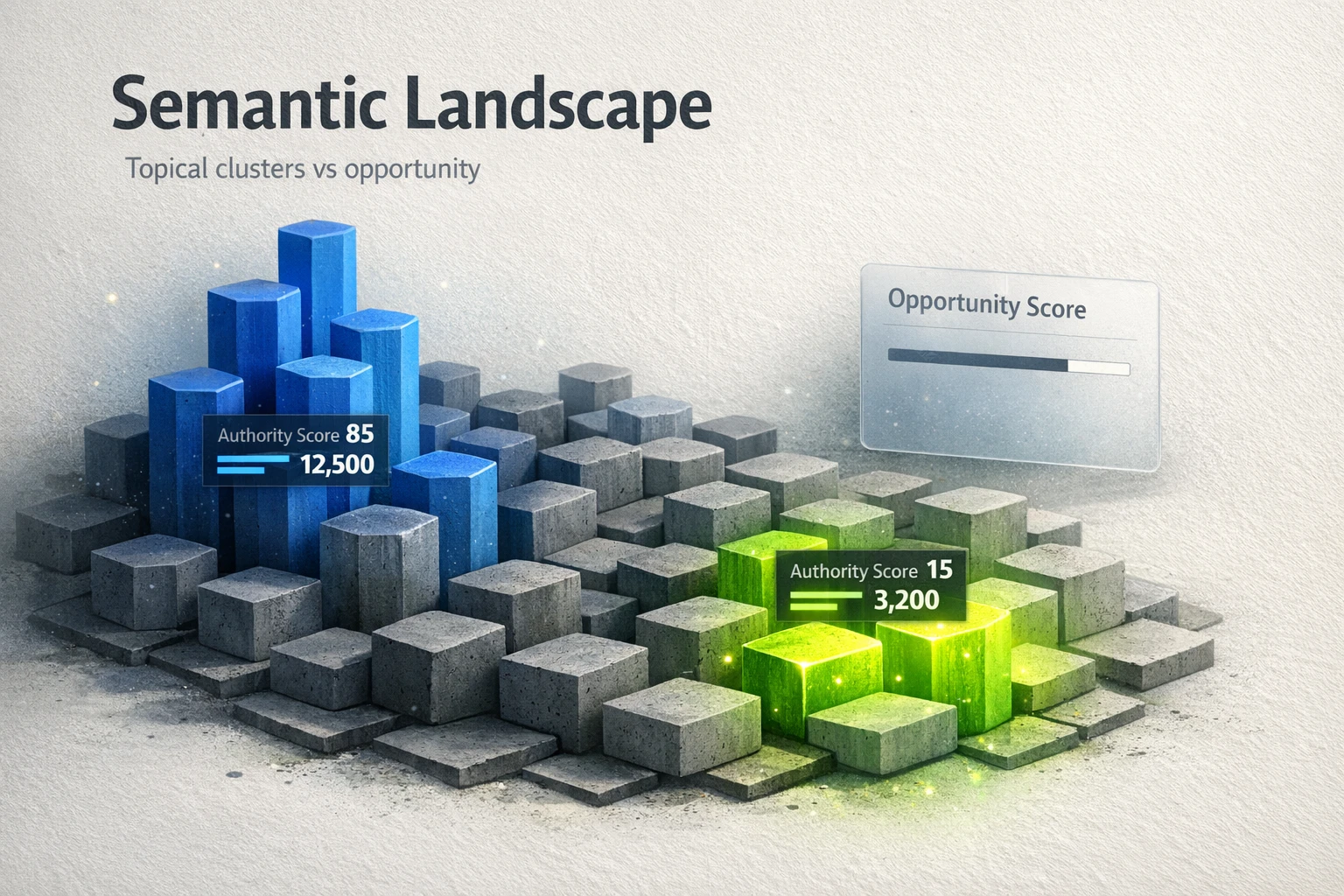 A textured semantic landscape that surfaces untapped topical clusters—visualize where competitors dominate and where strategic content can win.