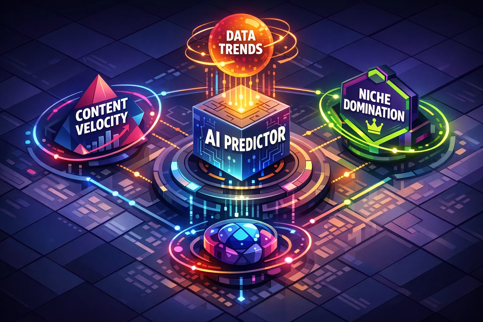 Core synergy diagram illustrating Predictive AI, Content Velocity, and Niche Domination.