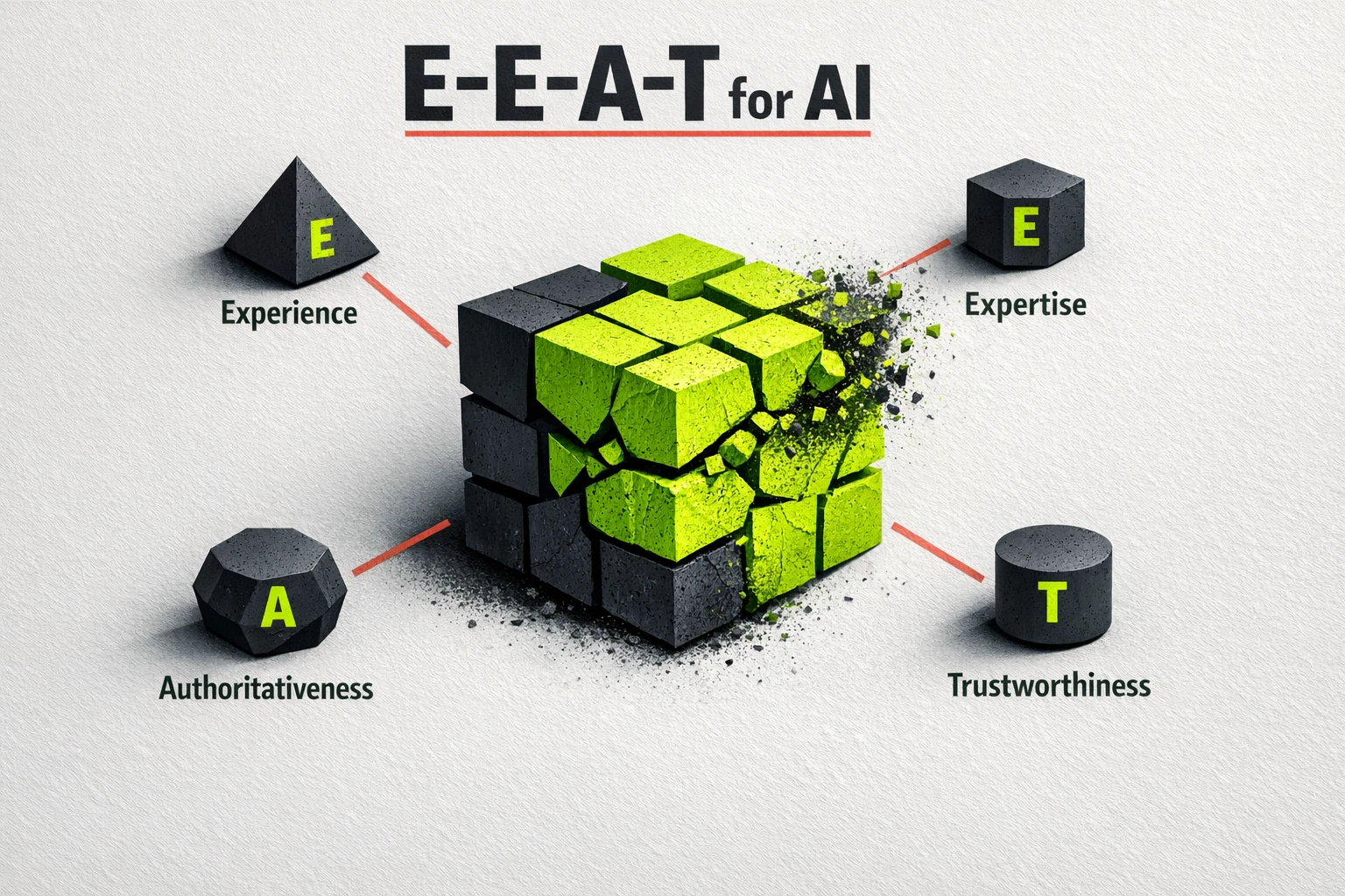 Visual explanation of core E-E-A-T components contextualized for AI-generated content in highly regulated sectors, emphasizing their interconnectedness and significance.