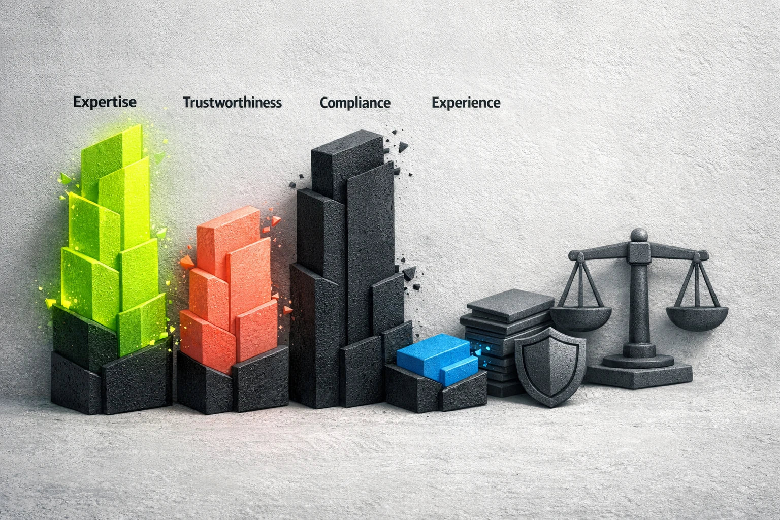 Illustration of key quantifiable E-E-A-T metrics alongside legal and ethical symbols, emphasizing measurement and compliance for AI content in regulated sectors.