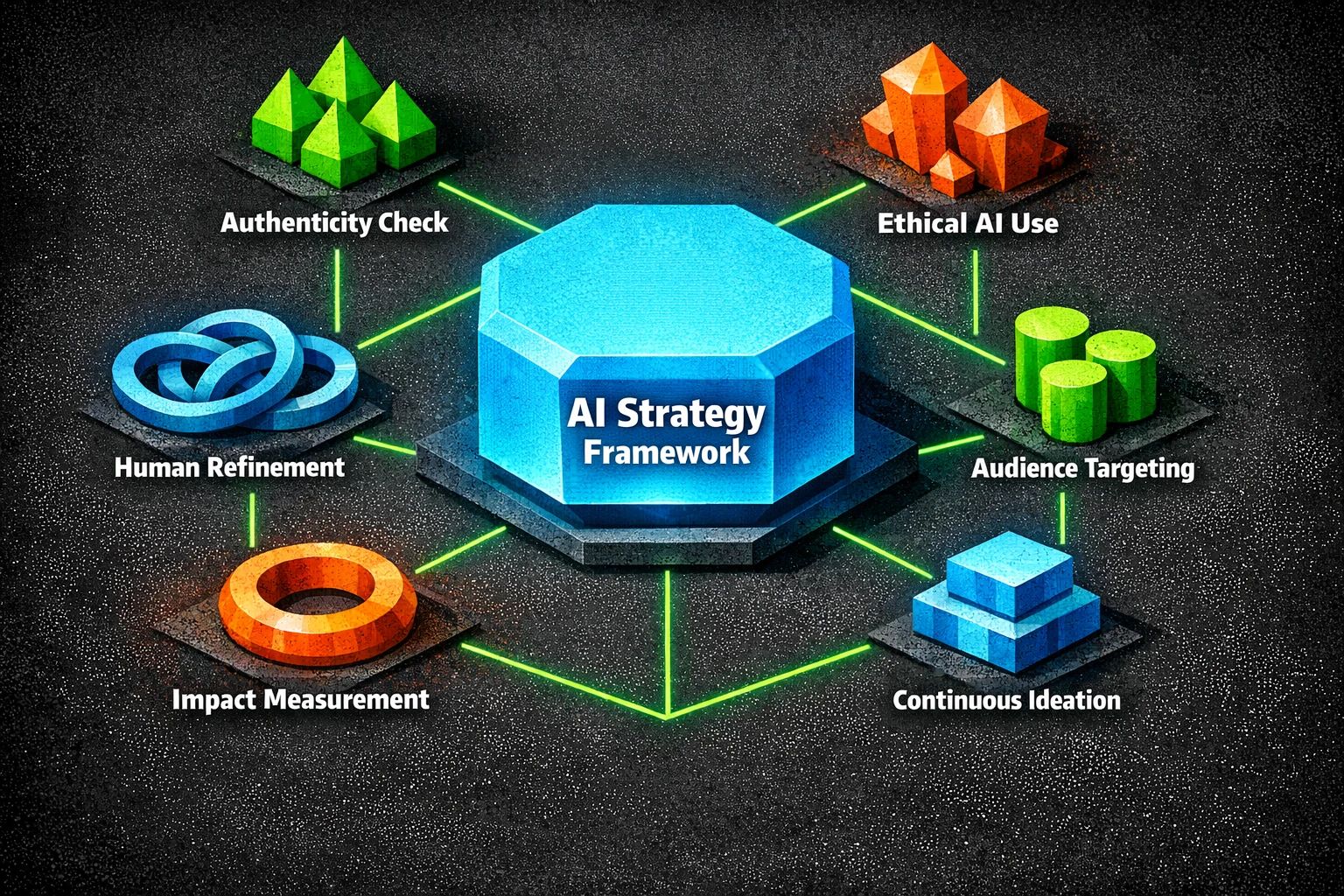 A framework showing the AI storytelling strategy, combining authenticity, ethics, and human refinement.