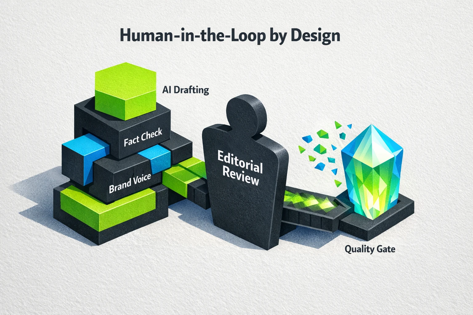 A strategic landscape illustrating throughput versus quality — highlights the human-governed 'sweet spot' where scale and editorial excellence meet.