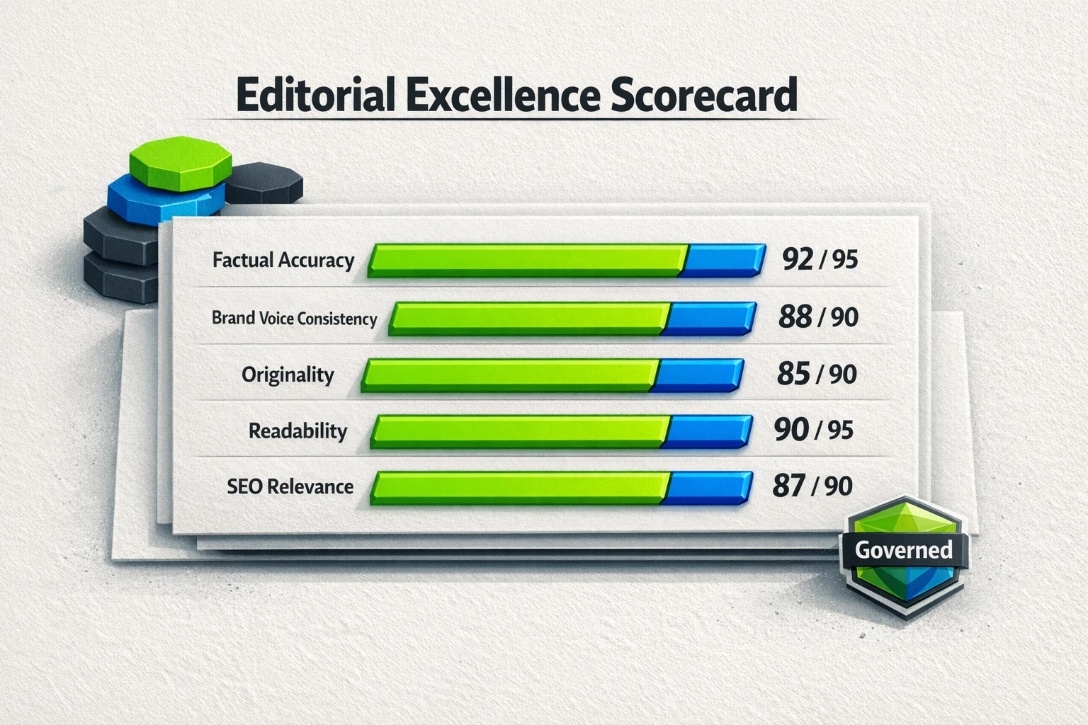 A dimensional view of 'Human-in-the-Loop by Design' — shows AI modules filtered through an editorial quality gate to prevent commodity output.