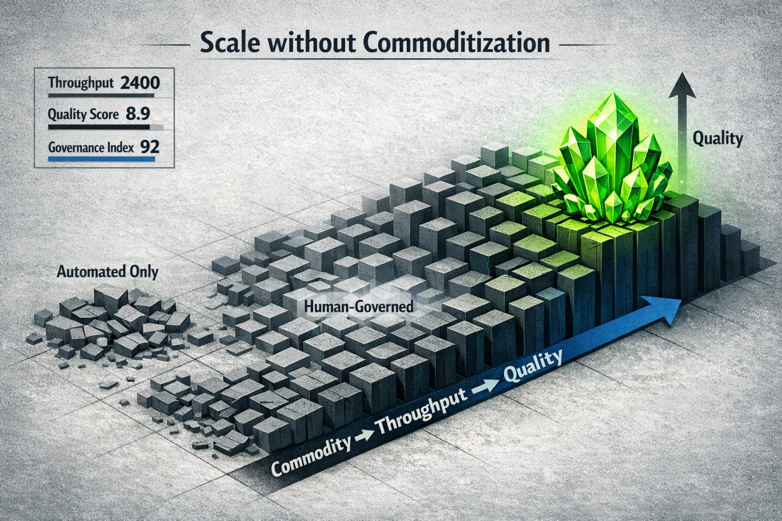 A downloadable 'Editorial Excellence Scorecard' — shows measurable quality metrics with bold bars and clear governance signals for editorial review.