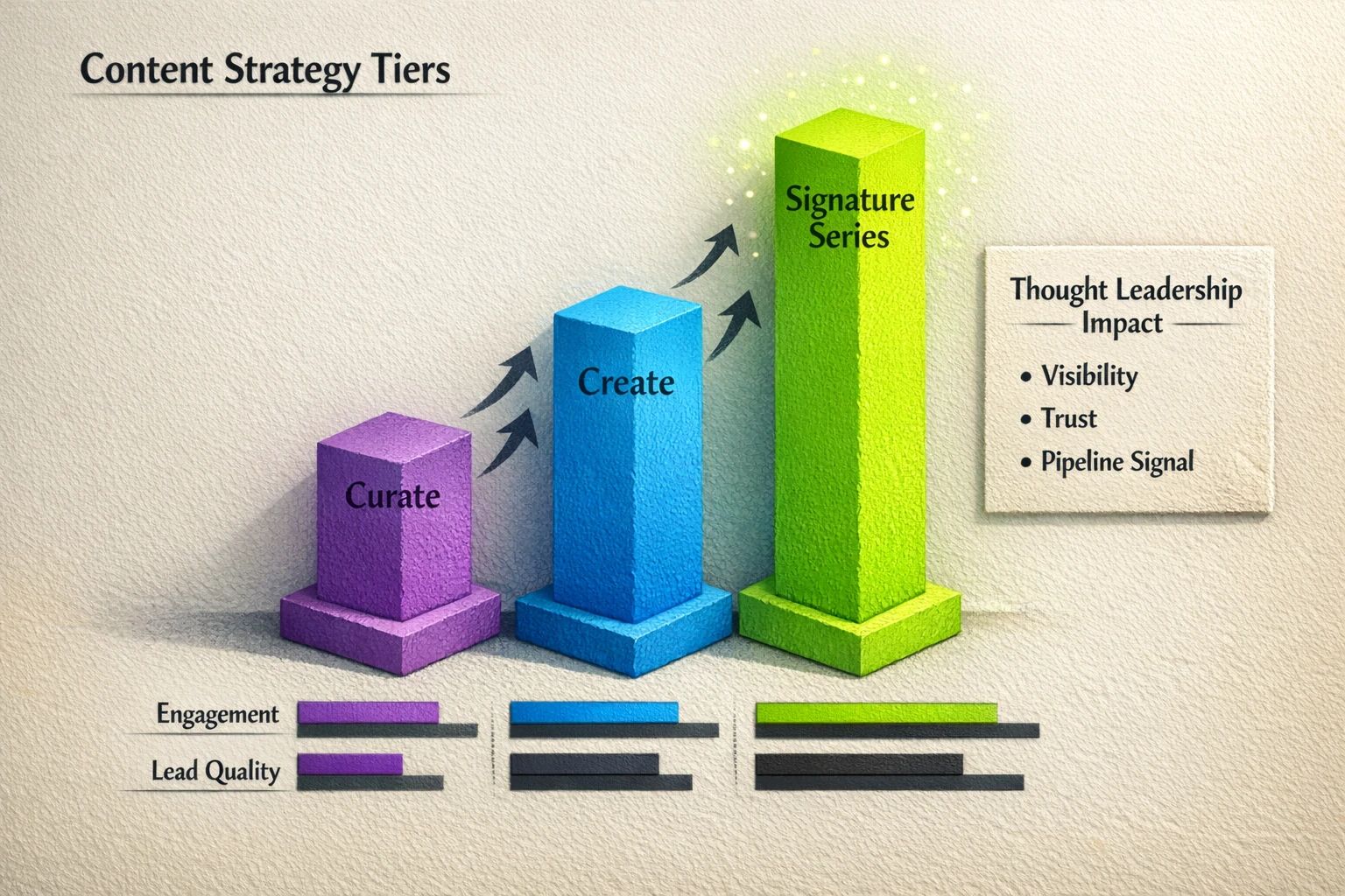 A pyramid divided into three tiers. The bottom, largest tier is labeled "Tier 1: Curate & Comment (Build Consistency)." The middle tier is "Tier 2: Create & Solve (Build Credibility)." The top, smallest tier is "Tier 3: Own & Lead (Build Authority)."