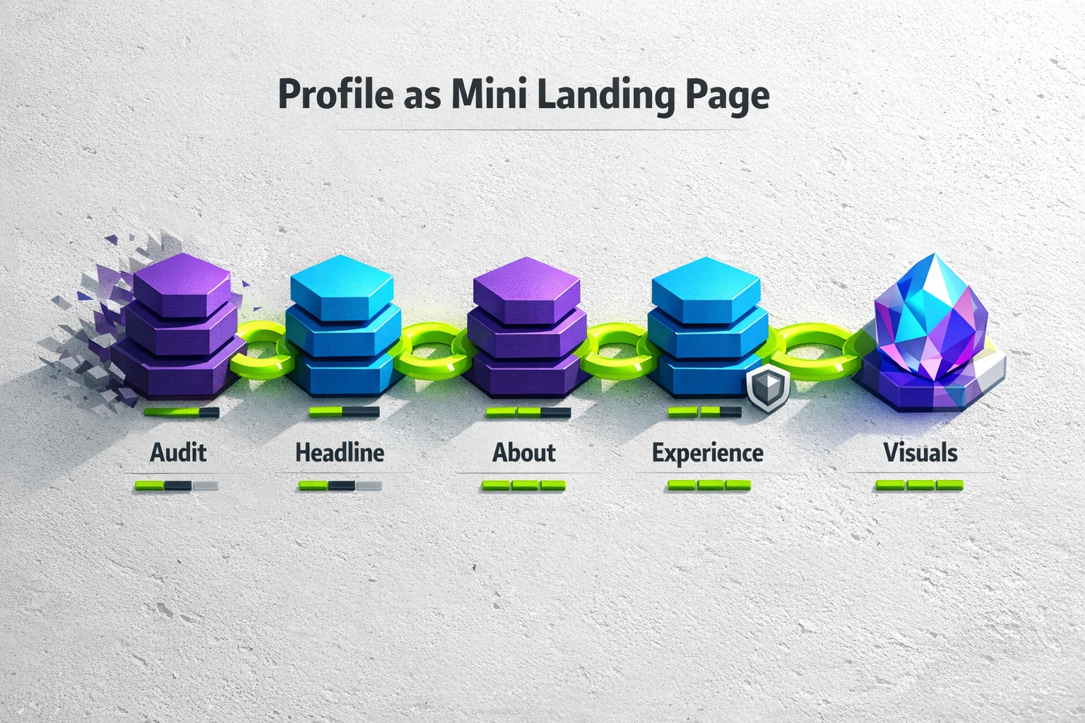 A clear AI-first workflow that turns a LinkedIn profile into a conversion asset — visualizing each phase so evaluators can plan implementation confidently.