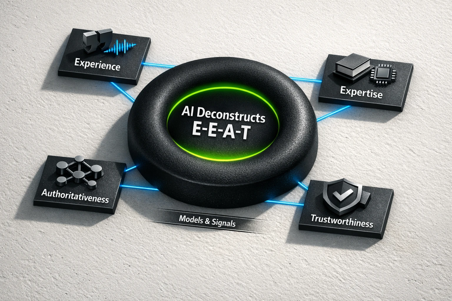 A high-level map of E-E-A-T components and the AI model families commonly used to detect their signals, from language cues to entity networks and trust signals.
