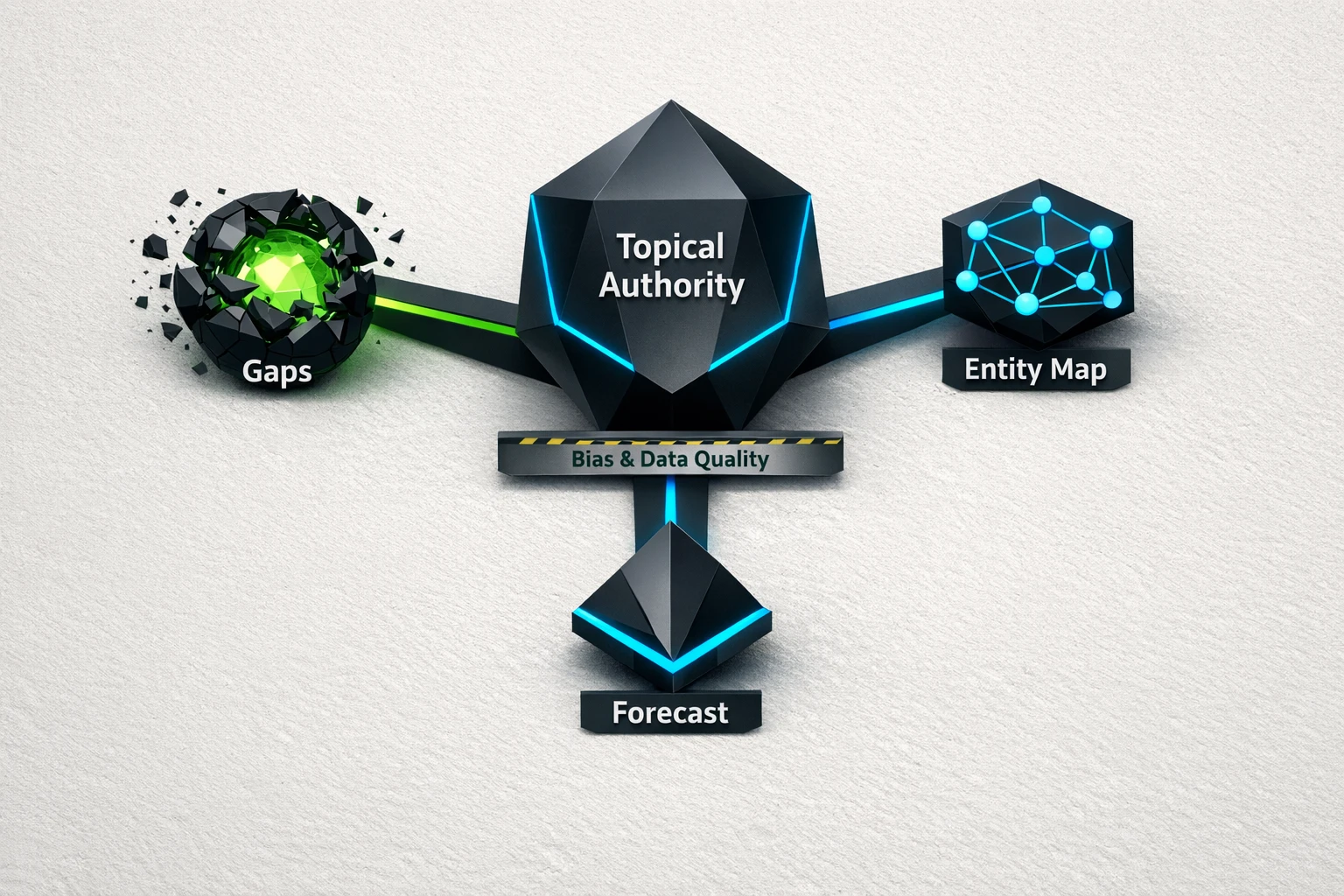 This visual ties AI insights to strategy: identify authority gaps, map entities, and monitor competitor shifts—while keeping bias and data quality constraints visible throughout the process.