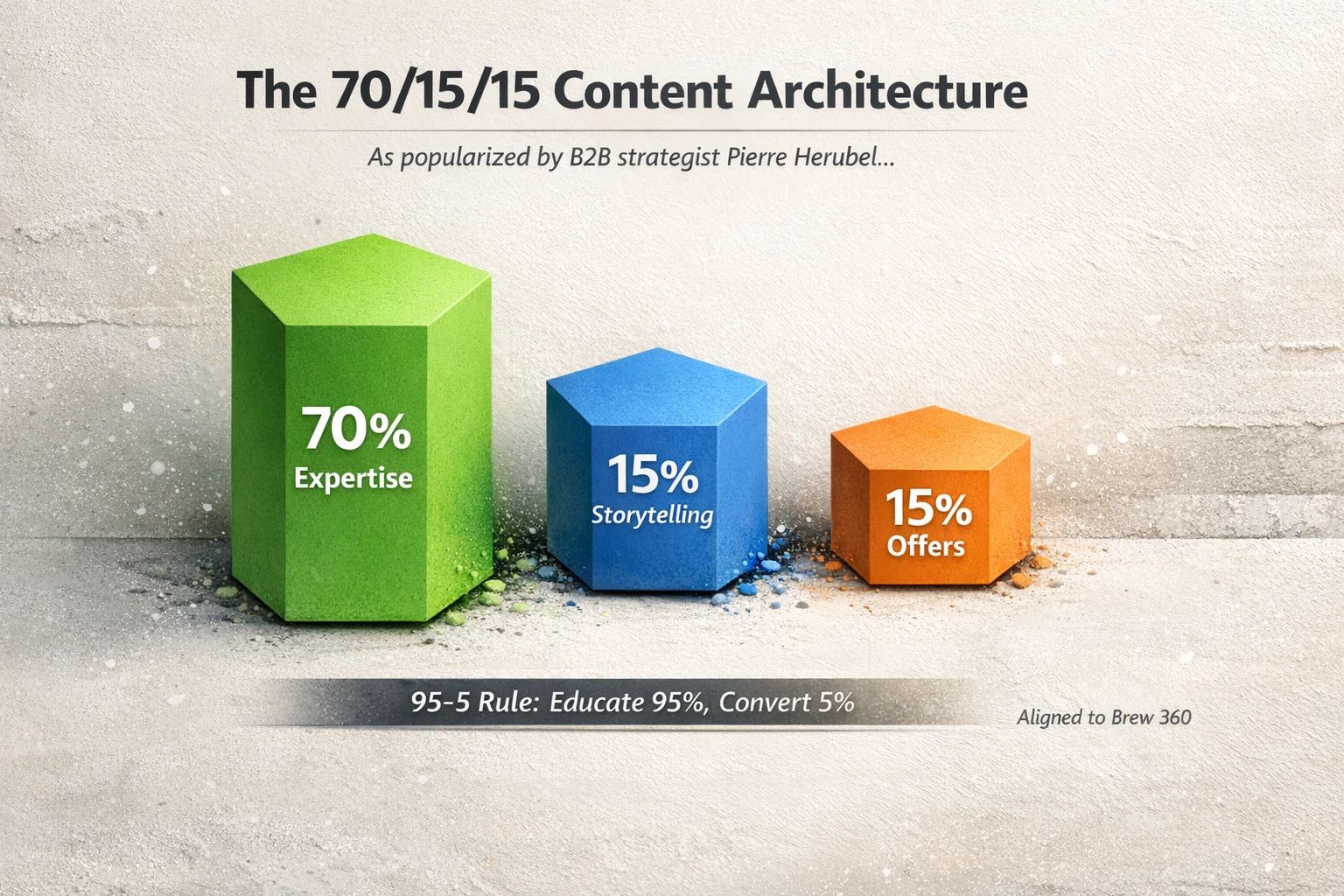 A proportionate, isometric visualization of the Authority‑First 70/15/15 content allocation, framed by the 95‑5 Rule and Brew 360 alignment.