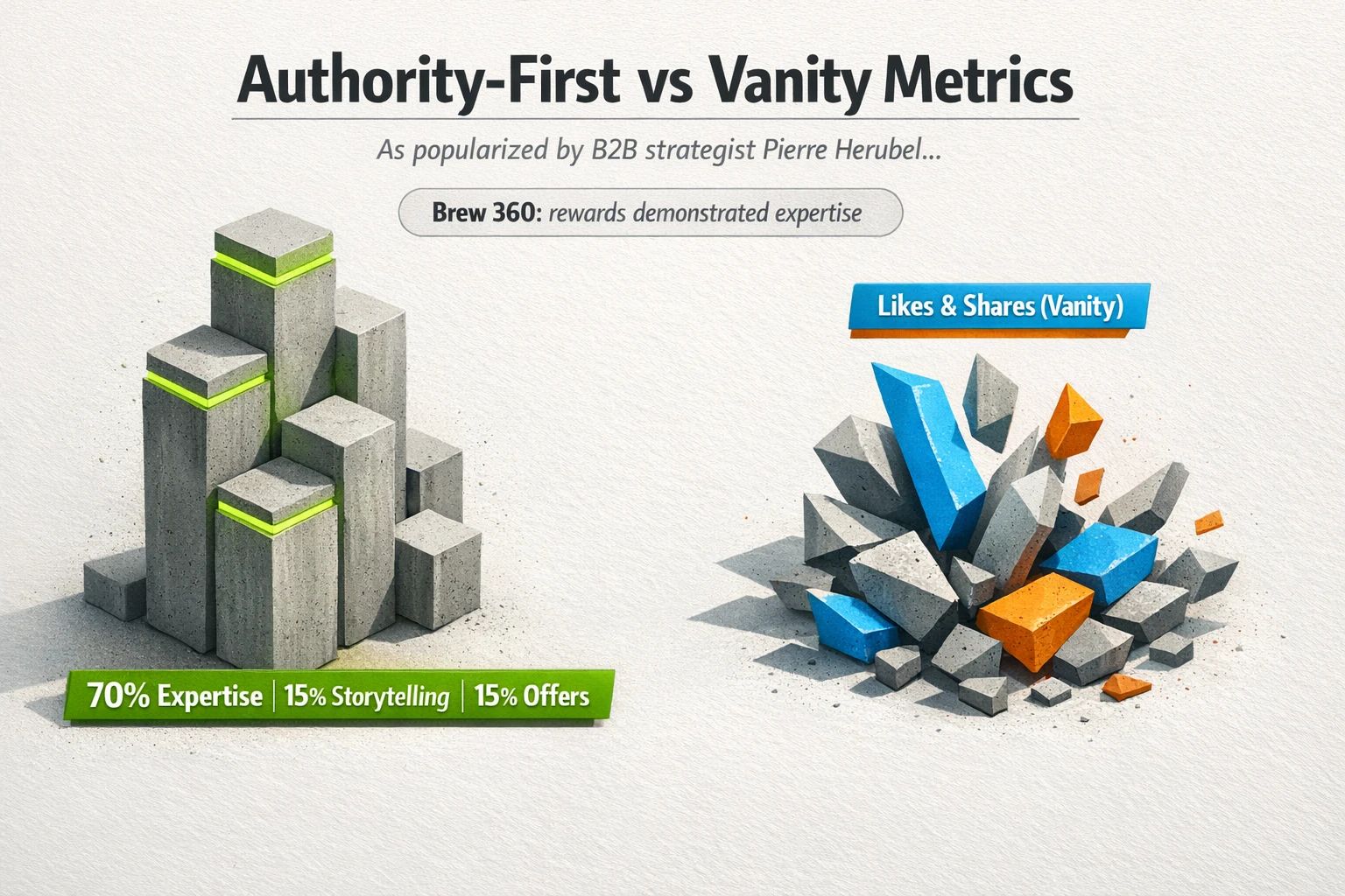 Side‑by‑side comparison that contrasts the Authority‑First 70/15/15 system with vanity‑metrics approaches, highlighting Brew 360 alignment and pipeline focus.