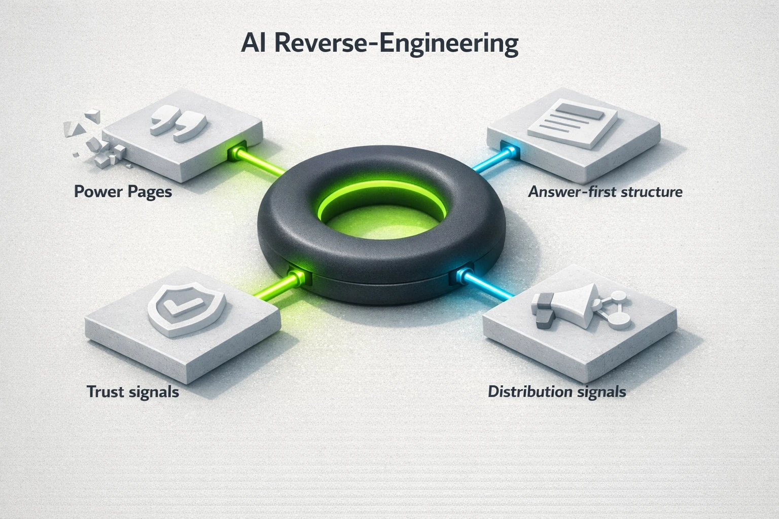 A flowchart illustrating a four-phase framework: 1. Identify AI-Preferred Content, 2. Deconstruct Citable Elements, 3. Reverse-Engineer Distribution, 4. Decode Promotion Tactics.