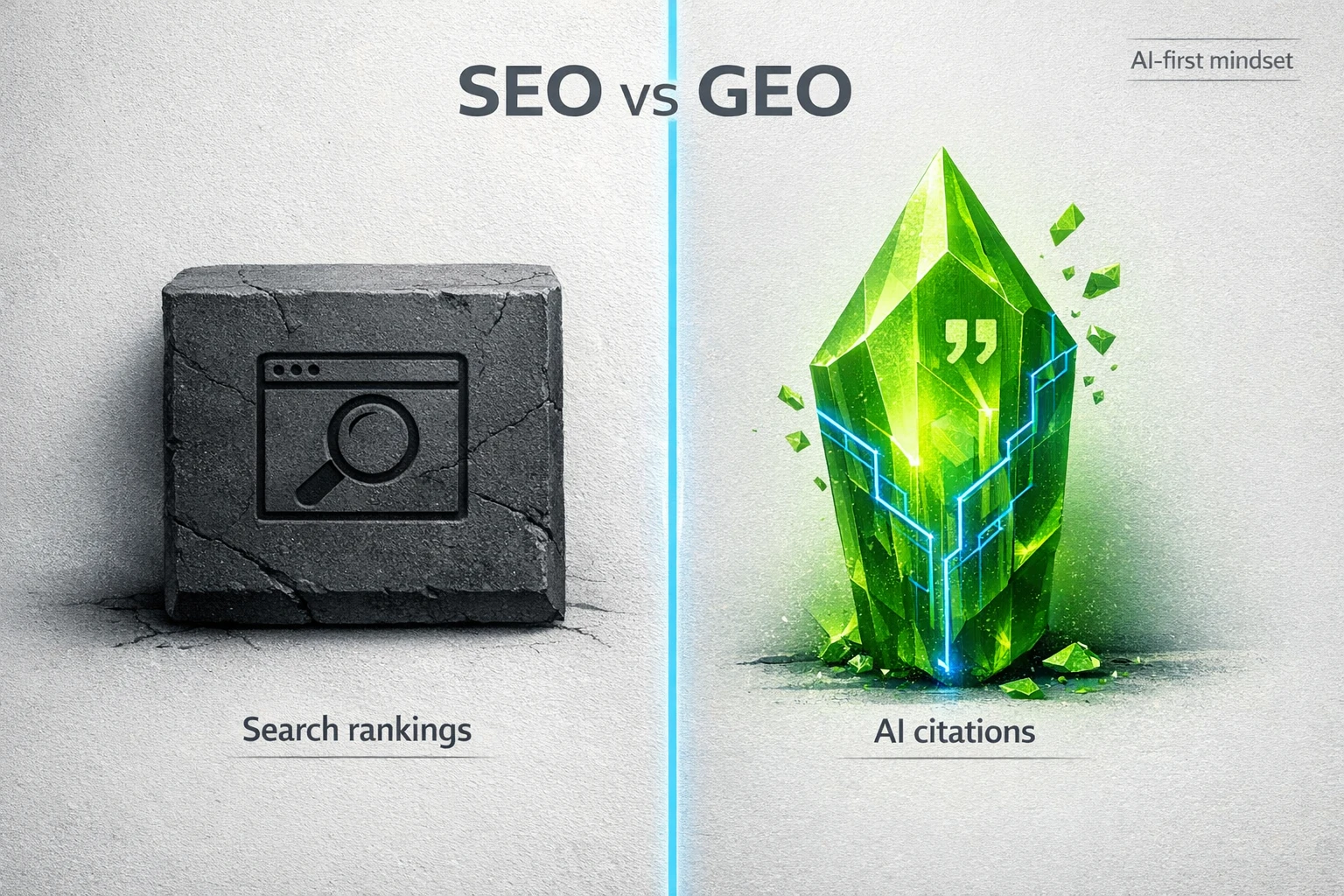 A diagram comparing traditional SEO focused on search rankings with Generative Engine Optimization (GEO) focused on AI citations, highlighting factors like structure, quality, and authority signals.