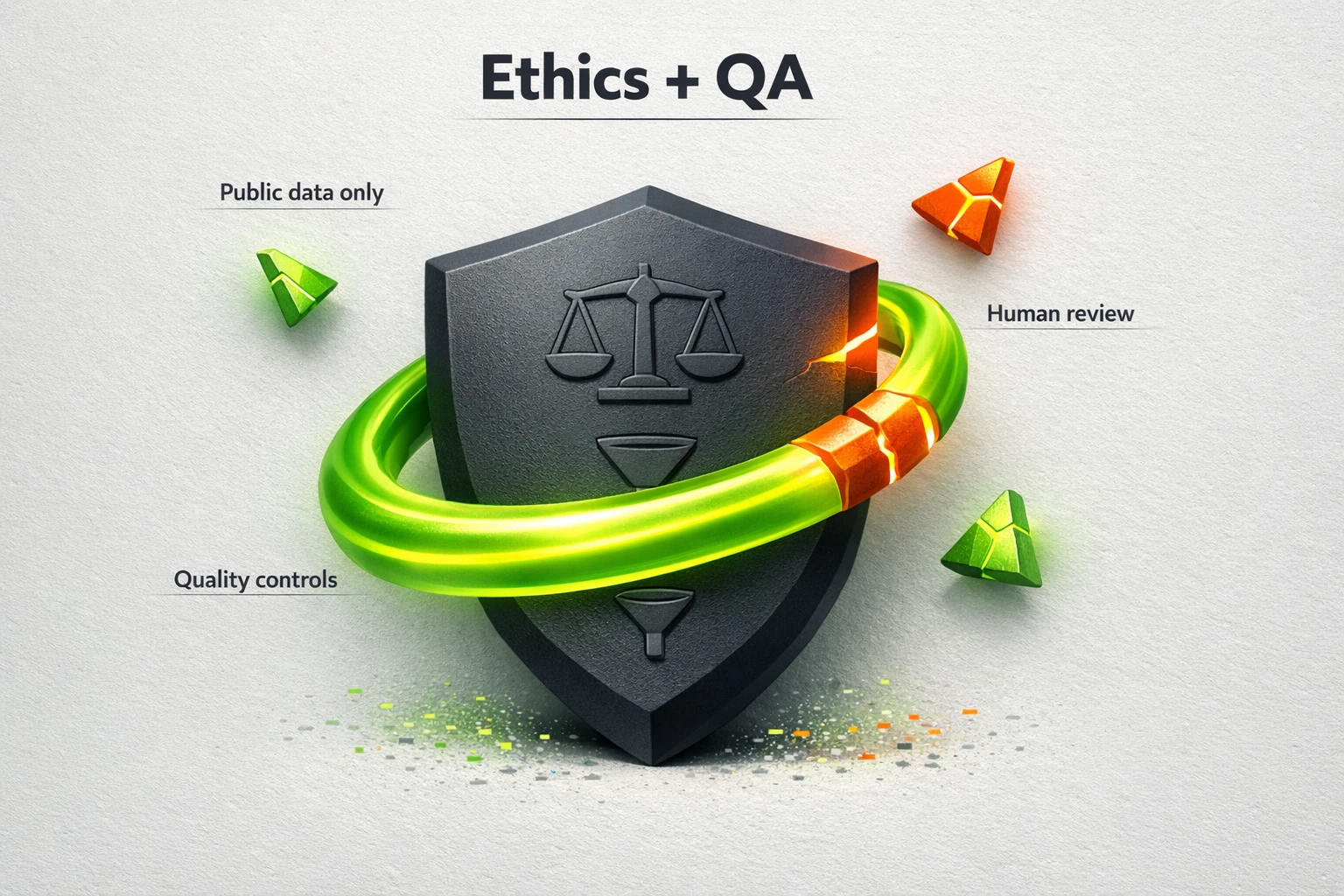 A visual representing ethical boundaries in AI analysis, with a human reviewing AI-generated patterns, and symbols for public data sources, quality control, and avoiding false signals.