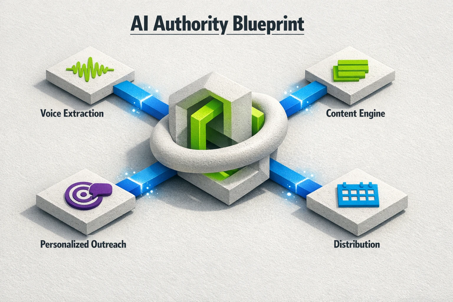A modular authority system agencies can standardize: extract client voice, generate multi-format content, run personalized outreach, and orchestrate distribution—AI speed with a clear, repeatable structure.