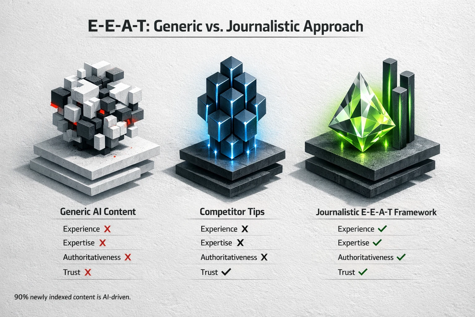 A dimensional comparison showing how the Journalistic E‑E‑A‑T Framework differs from generic AI output; highlights the urgency of authentic signals with the "90% AI‑driven" context.