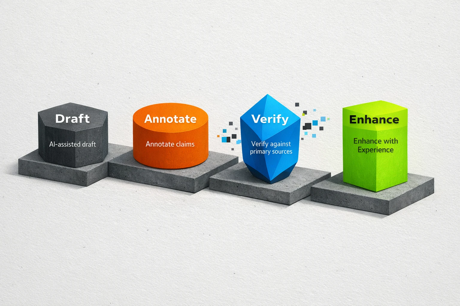A dimensional workflow showing the 'Journalistic E‑E‑A‑T Framework' — Draft, Annotate, Verify, Enhance — framed as a verification‑first approach inspired by journalistic fact‑checking.Step 1: Draft (The AI Assistant's Role)