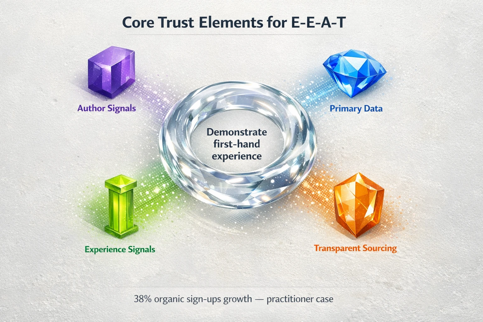 A visual map of E‑E‑A‑T trust signals — author signals, primary data, experience, and transparent sourcing — centered on demonstrating first‑hand experience.