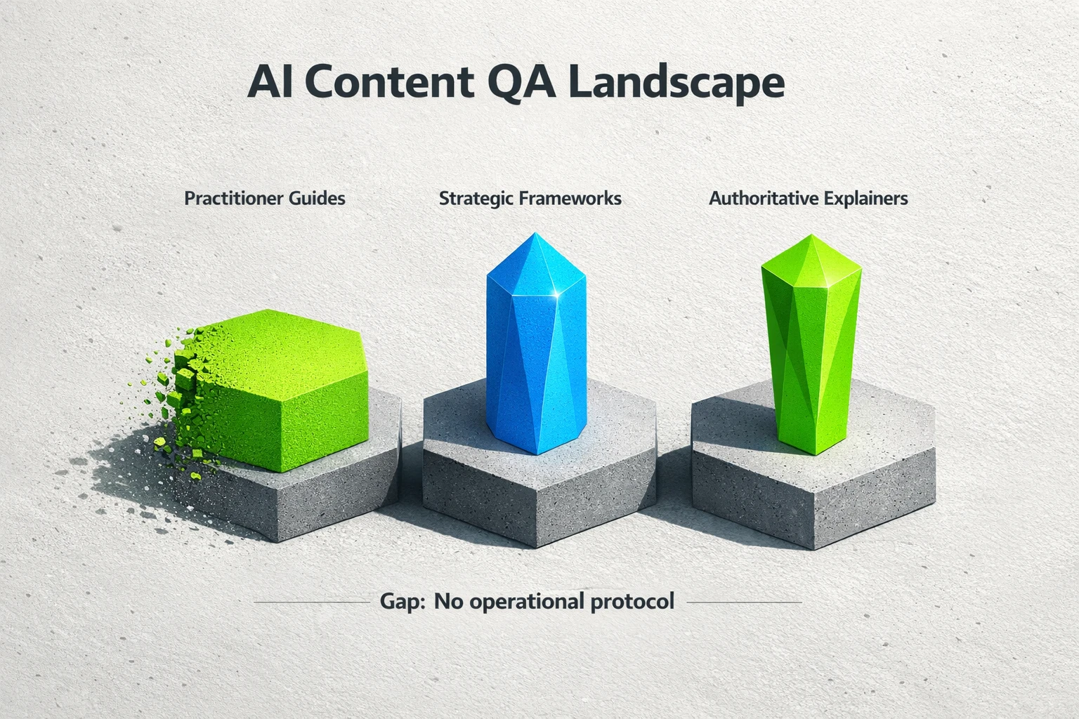 A three-column chart comparing different types of AI content on the web. The first column, labeled "Practitioner," shows simple blog posts with how-to guides. The second, "Strategic," features high-level governance frameworks. The third, "Authoritative," highlights content from trusted sources like universities. A large gap is shown in the middle, labeled "The Missing Link: Operational Protocol," indicating the need for a practical, structured process that connects tactical tips with high-level strategy.