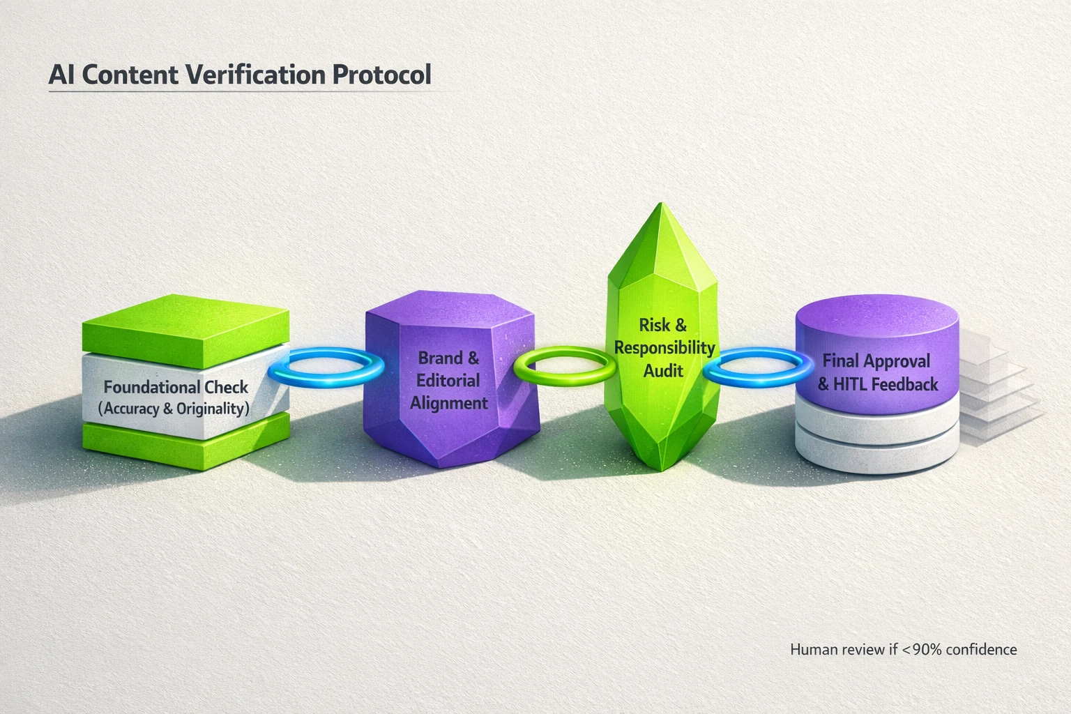 A visual workflow diagram illustrating the 4-Stage AI Content Verification Protocol. The process flows from left to right. Stage 1 is "Foundational Check," covering accuracy and originality. Stage 2 is "Brand & Editorial Alignment," focusing on voice and style. Stage 3 is "Risk & Responsibility Audit," which includes bias and compliance screening. The final stage, Stage 4, is "Final Approval & Feedback," showing a human reviewer at the end. A gauge below the workflow indicates a "Human Review Threshold," with the needle pointing to "Under 90% Confidence," signifying that content with a low confidence score requires mandatory human oversight.