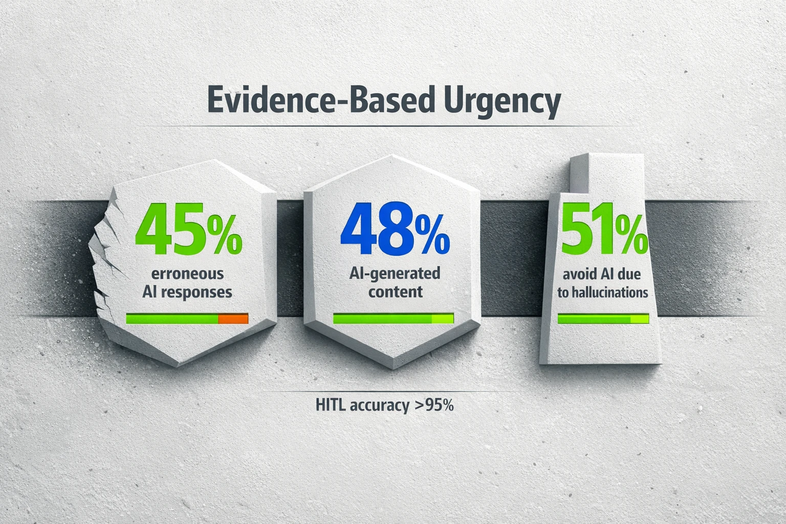 A graphic displaying key statistics that highlight the need for AI content quality assurance. One section shows a 45% error rate in AI-generated news responses. Another indicates that AI content makes up 48% of the web. A third reveals that 51% of users distrust AI due to hallucinations. A final section contrasts these risks with the solution: a Human-in-the-Loop (HITL) process that improves AI accuracy from 80-85% to over 95%.
