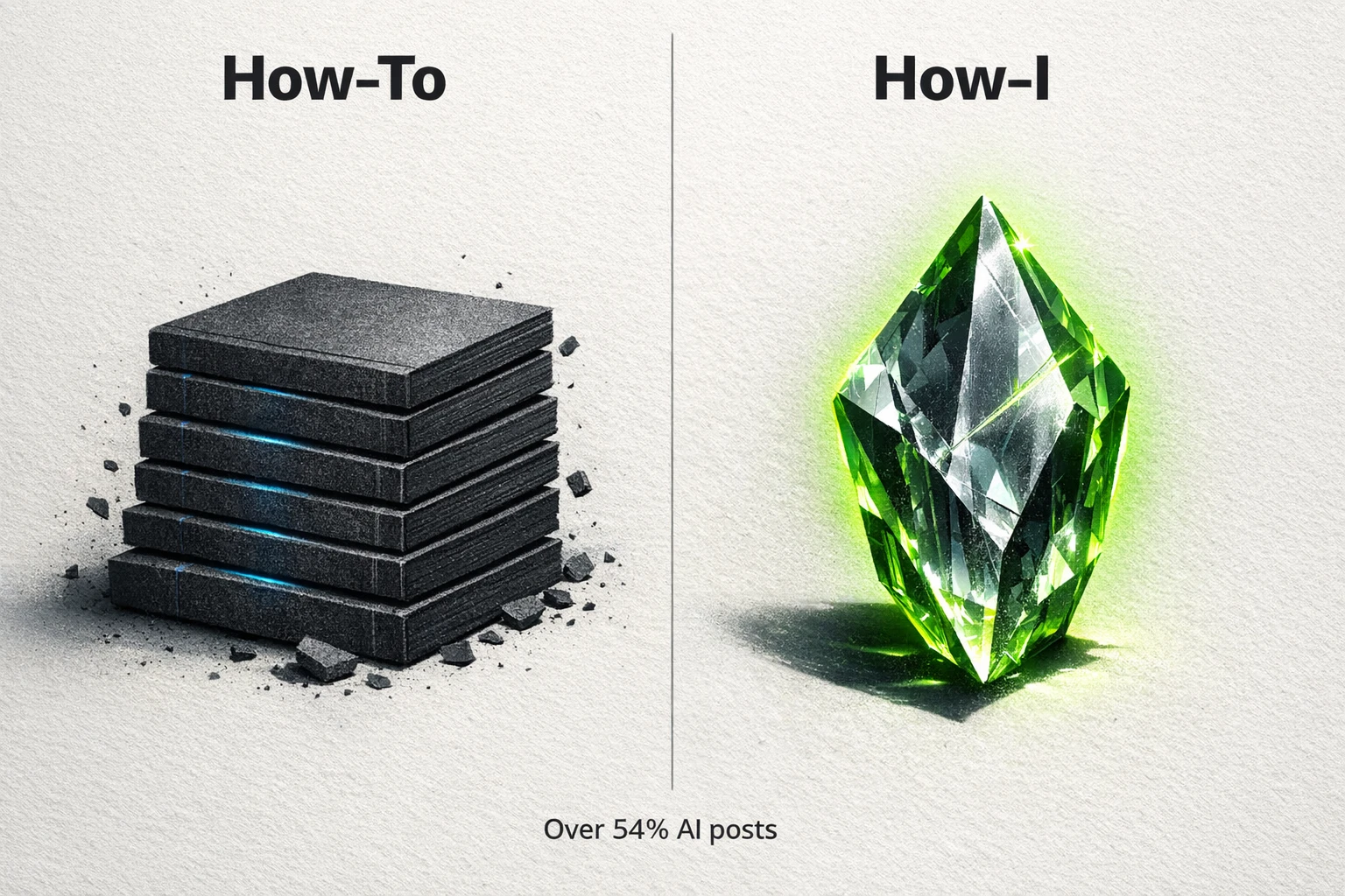 An image comparing "How-To" content (represented by a generic template) to "How-I" content (represented by a unique, personal story or 'scar'). The "How-I" side is highlighted as the more valuable approach.
