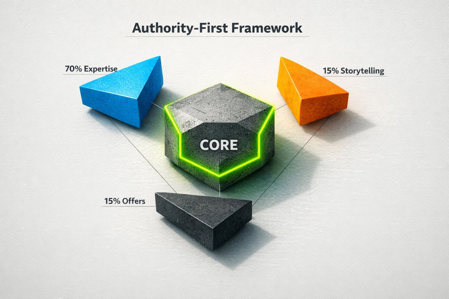 A pie chart showing the Authority-First Framework's content mix: 70% Expertise, 15% Storytelling, and 15% Offers, emphasizing an educational-first approach for new B2B brands.