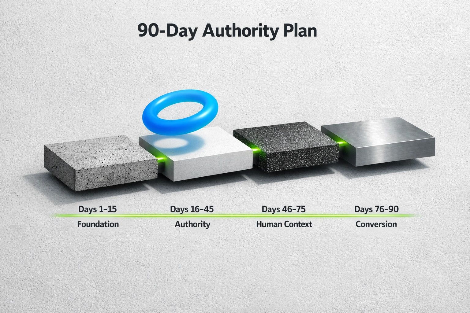 A visual timeline showing the 90-day roadmap for building LinkedIn authority: Days 1-15 focus on foundation, Days 16-75 on publishing and engagement, and Days 76-90 on introducing conversion content.