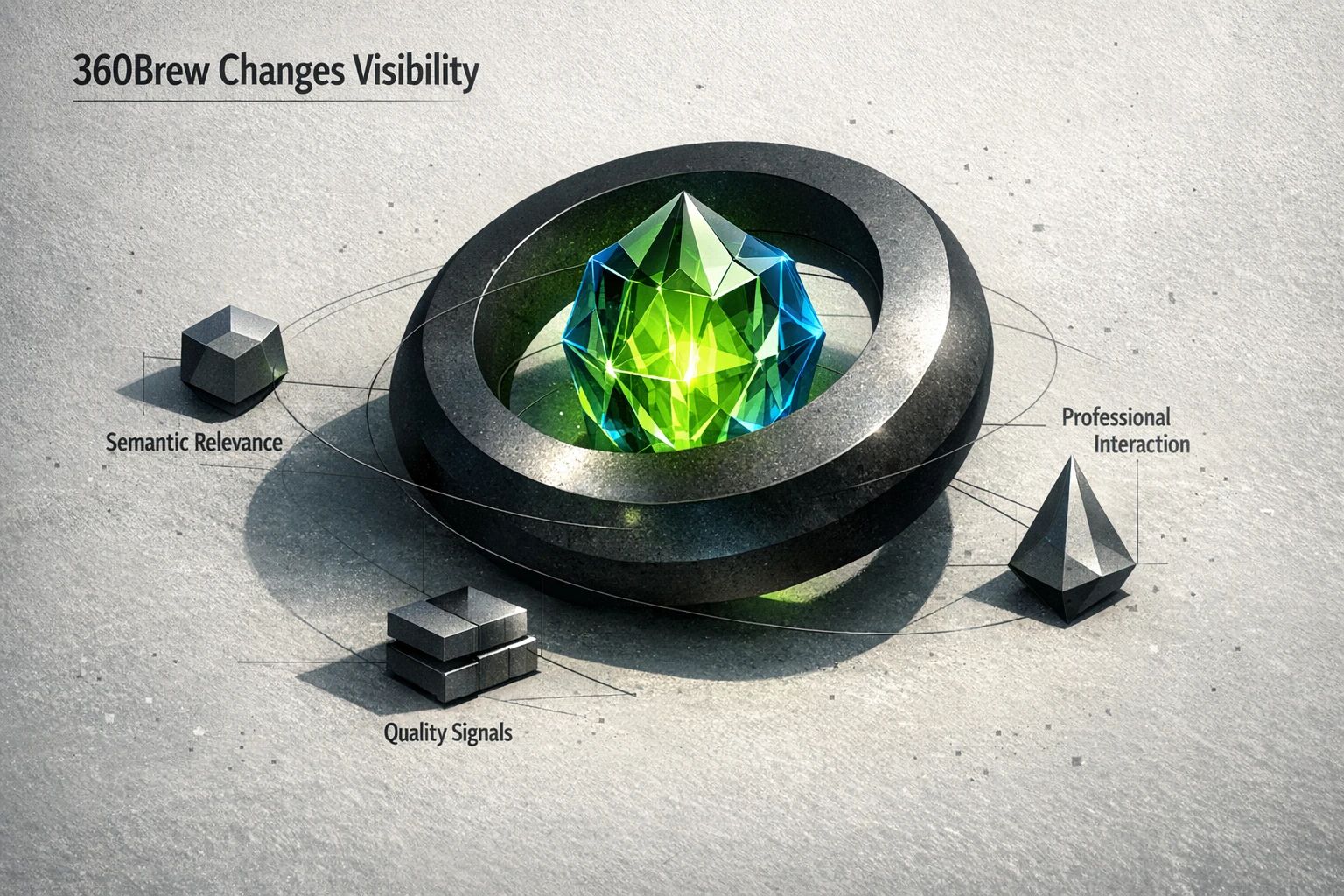 A diagram showing LinkedIn's 360 Brew algorithm focuses on semantic relevance, quality signals, and professional interaction to determine content visibility.