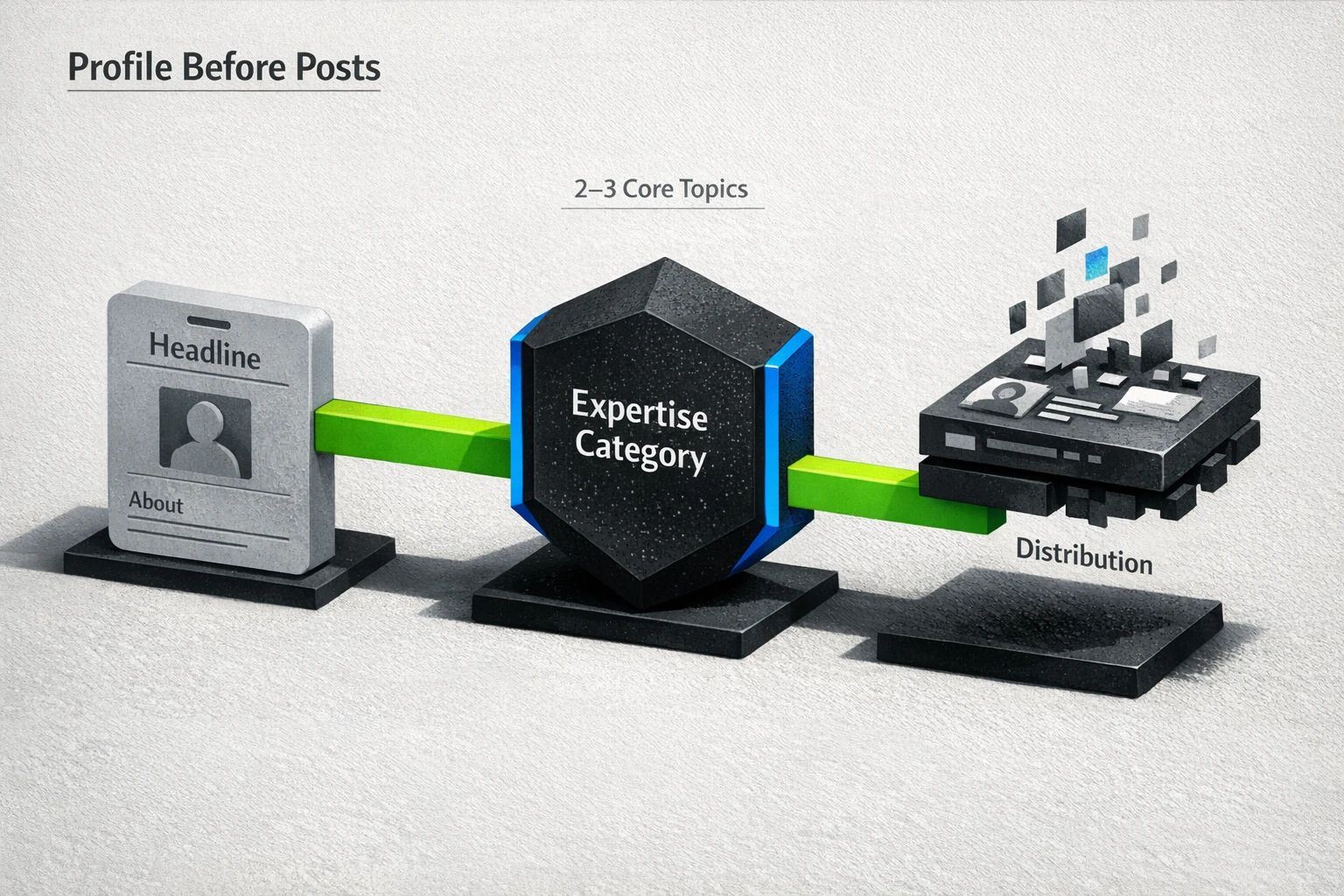 A visual representation of how 360Brew analyzes a user's profile and core topics before distributing their content, emphasizing the importance of a clear professional identity.